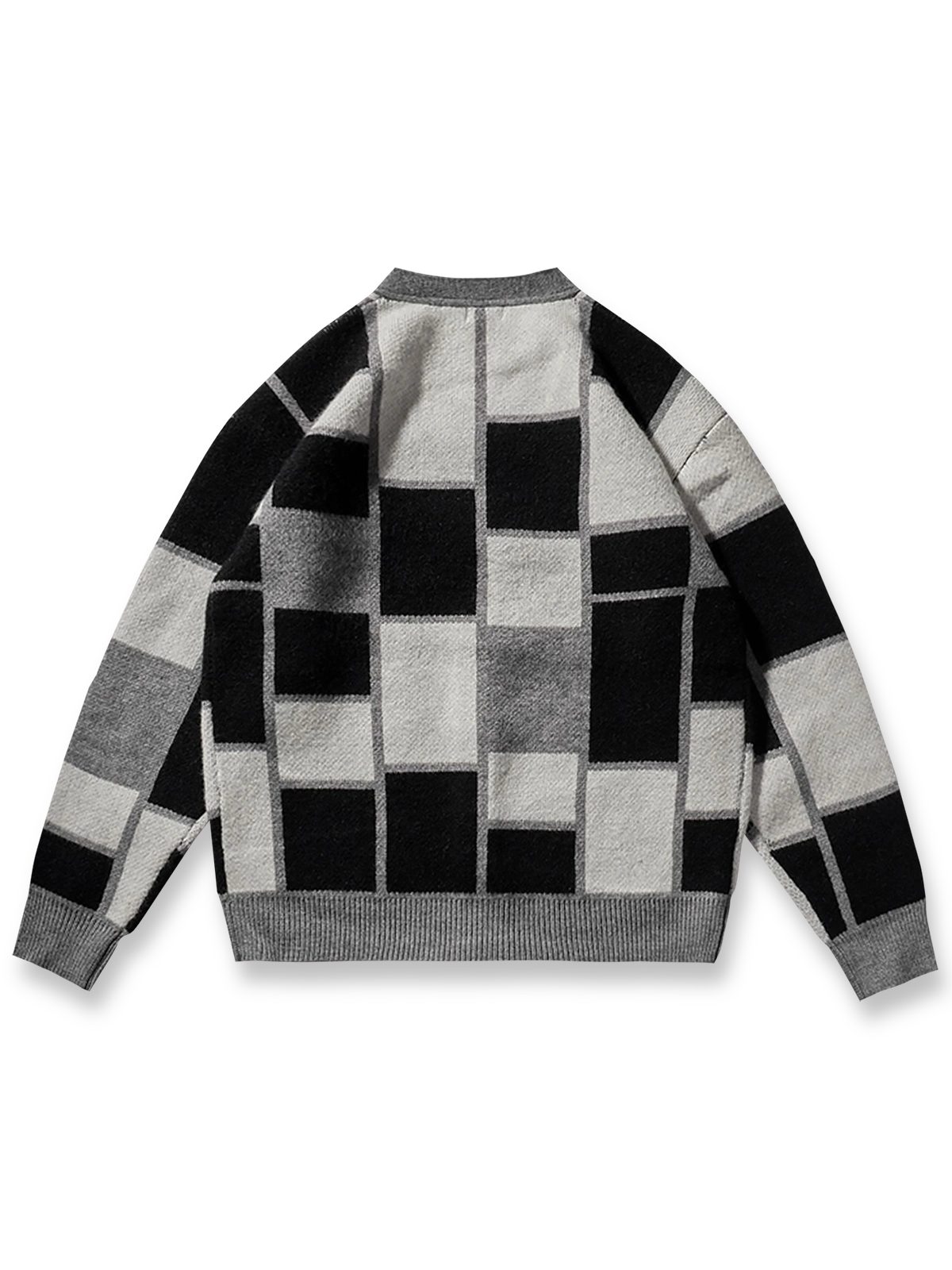 製品画像: チェッカーボード柄Vネックカーディガンの正面画像
詳細画像: チェッカーボード柄とカーディガン素材の詳細画像