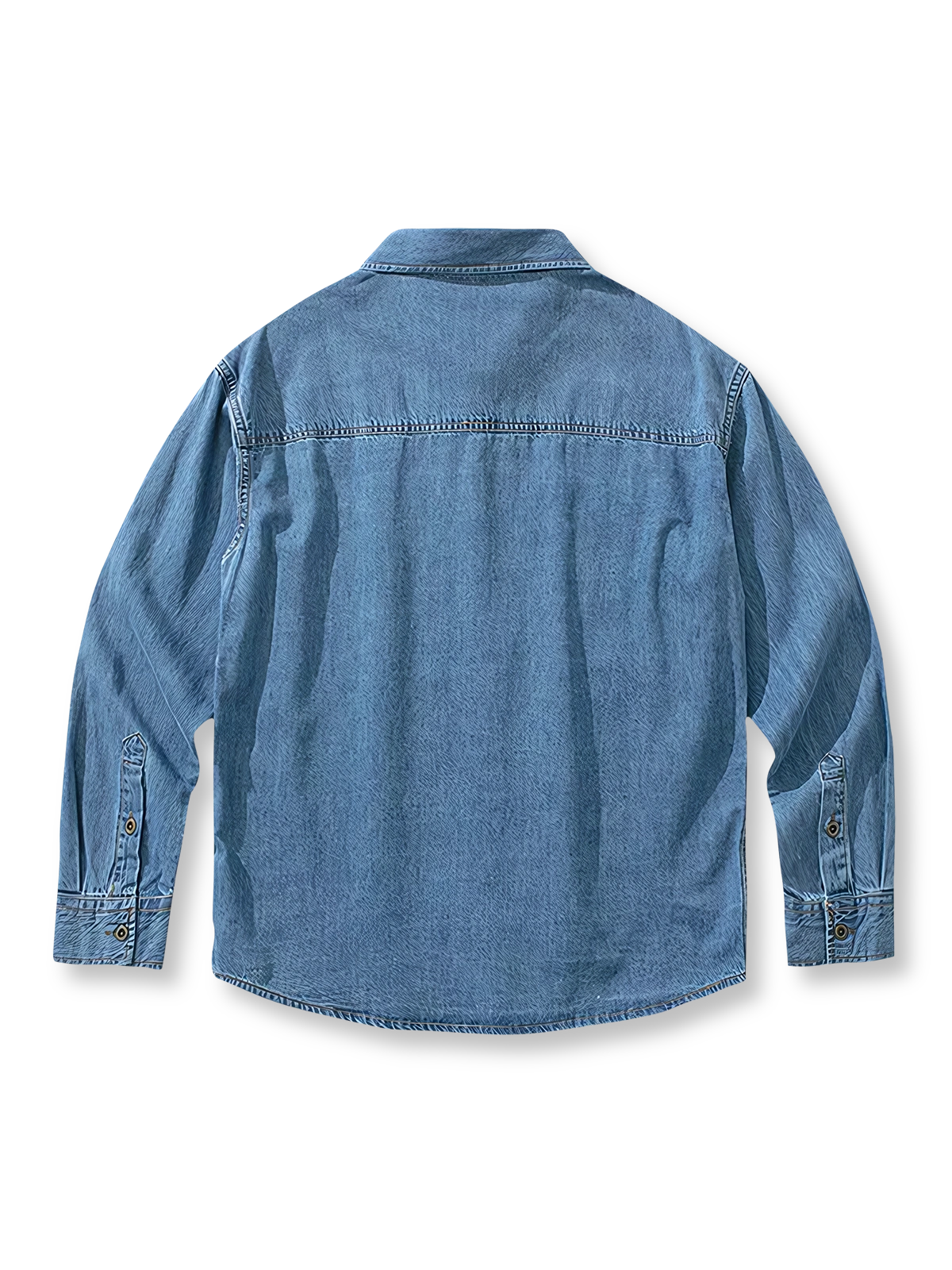 製品画像: ヴィンテージマルチポケットデニムシャツの全体展示 詳細画像: デニムシャツのポケットと生地のディテール展示