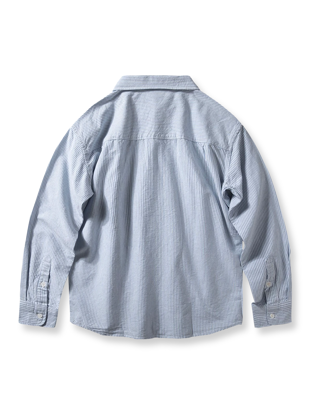 製品画像: 胸元にハート刺繍が施されたオックスフォードストライプシャツの全体展示
詳細画像: オックスフォードストライプ生地の質感とハート刺繍のディテール