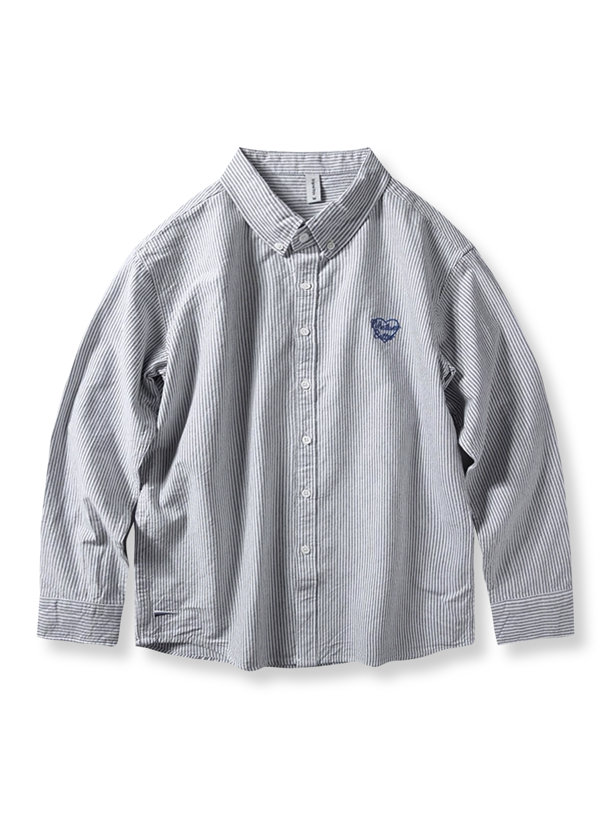 製品画像: 胸元にハート刺繍が施されたオックスフォードストライプシャツの全体展示