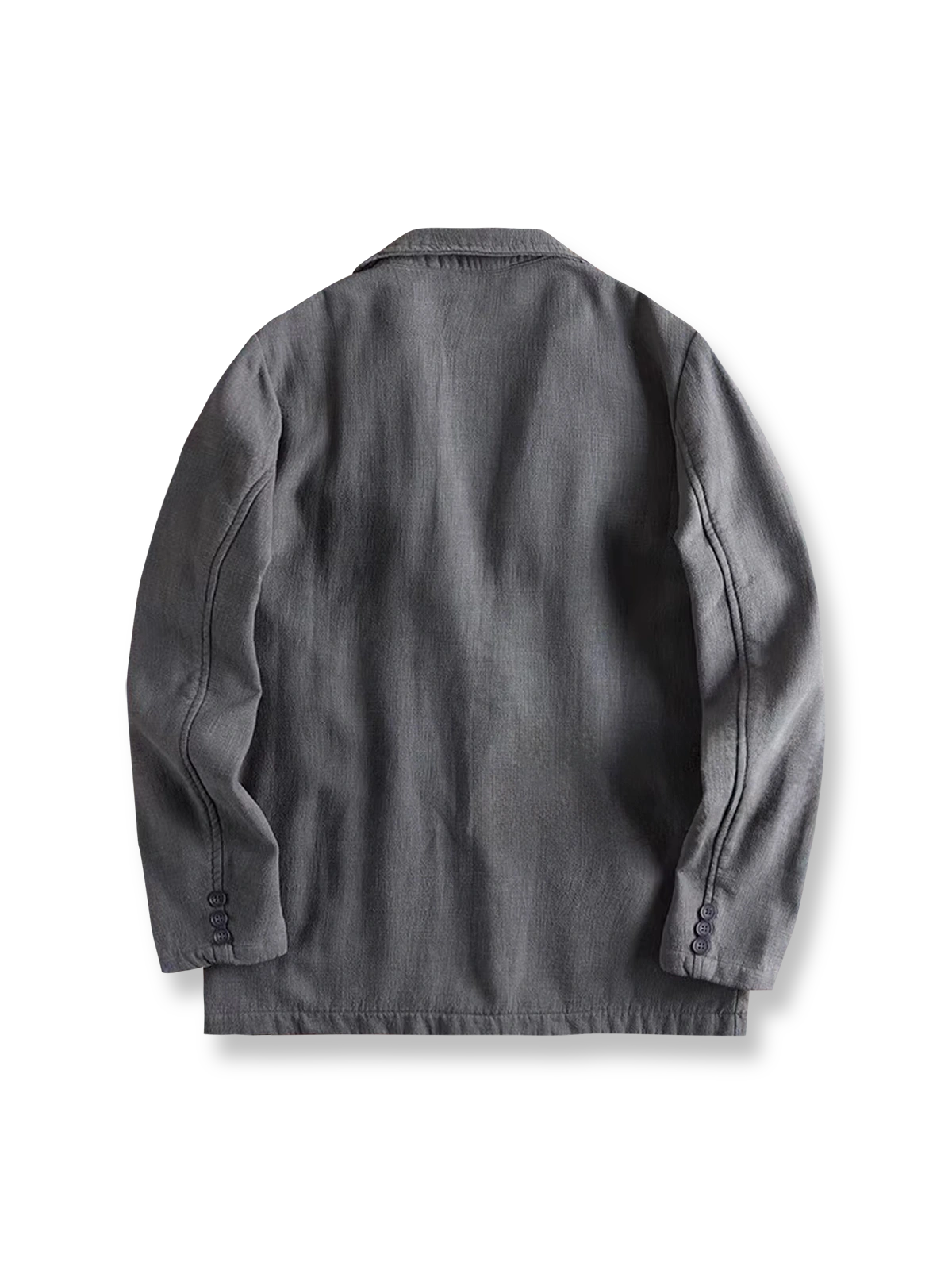 製品画像: フリース裏地リネンコットンブレザーの正面展示
詳細画像: ブレザーのディテール展示
