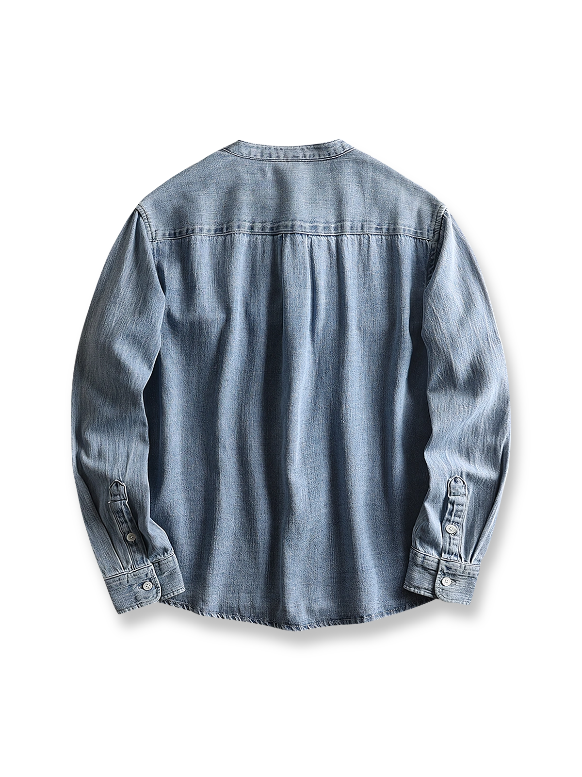 製品画像: ヴィンテージスタンドカラーデニムシャツの正面展示
詳細画像: スタンドカラーとウォッシュドデニムのディテール展示