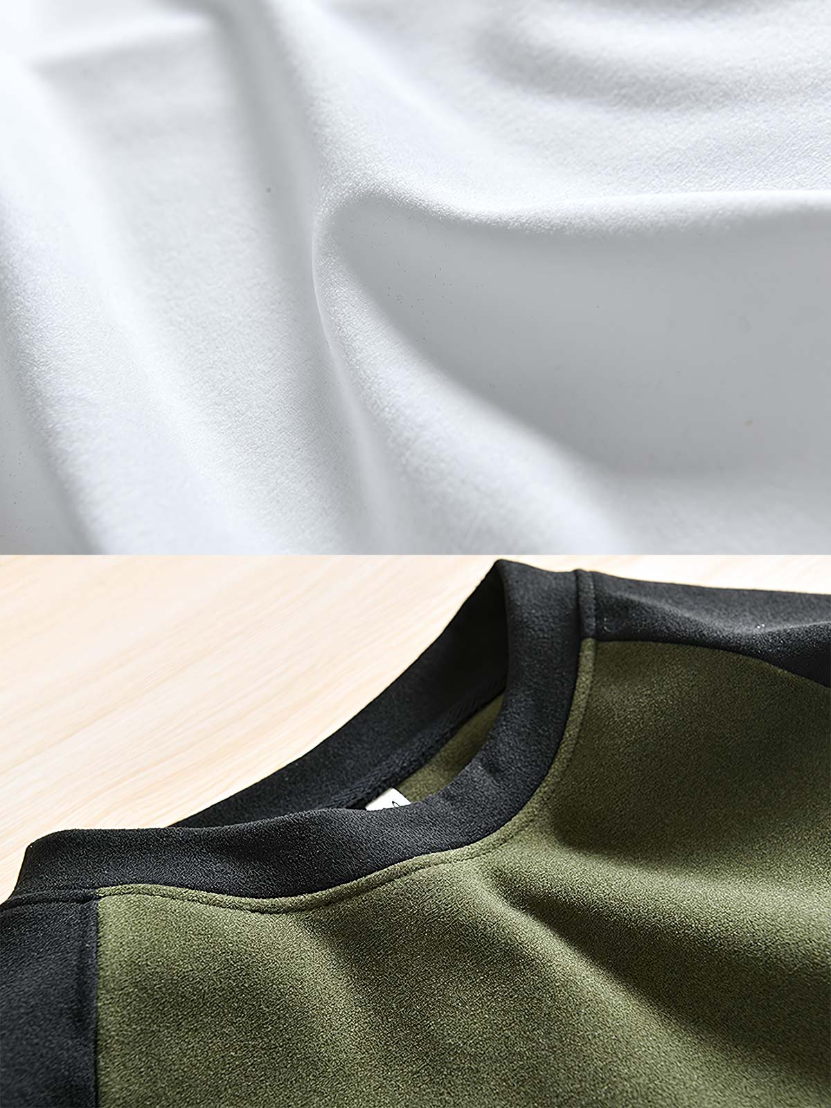 製品画像: ヘビーウェイトのダブルフェイスデロン配色長袖Tシャツの全体展示
詳細画像: 襟元とラグランスリーブの配色デザインディテール