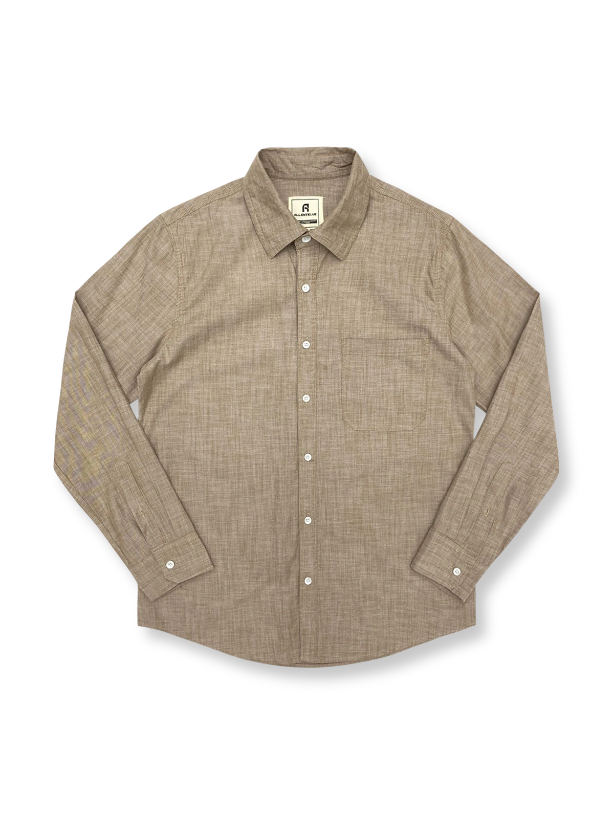 製品画像: クラシックなデザインとシンプルなシルエットが特徴のリネンコットン混紡メンズ長袖シャツの全体画像。