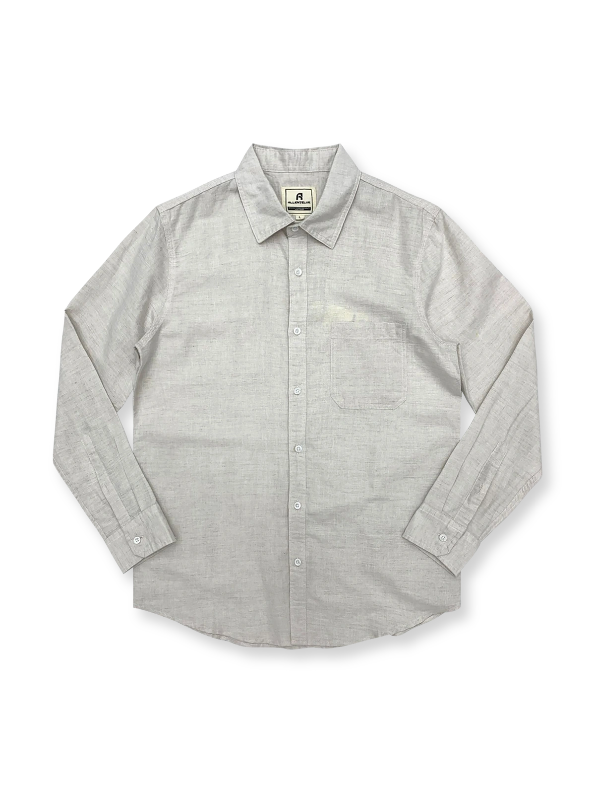 製品画像: クラシックなデザインとシンプルなシルエットが特徴のリネンコットン混紡メンズ長袖シャツの全体画像。