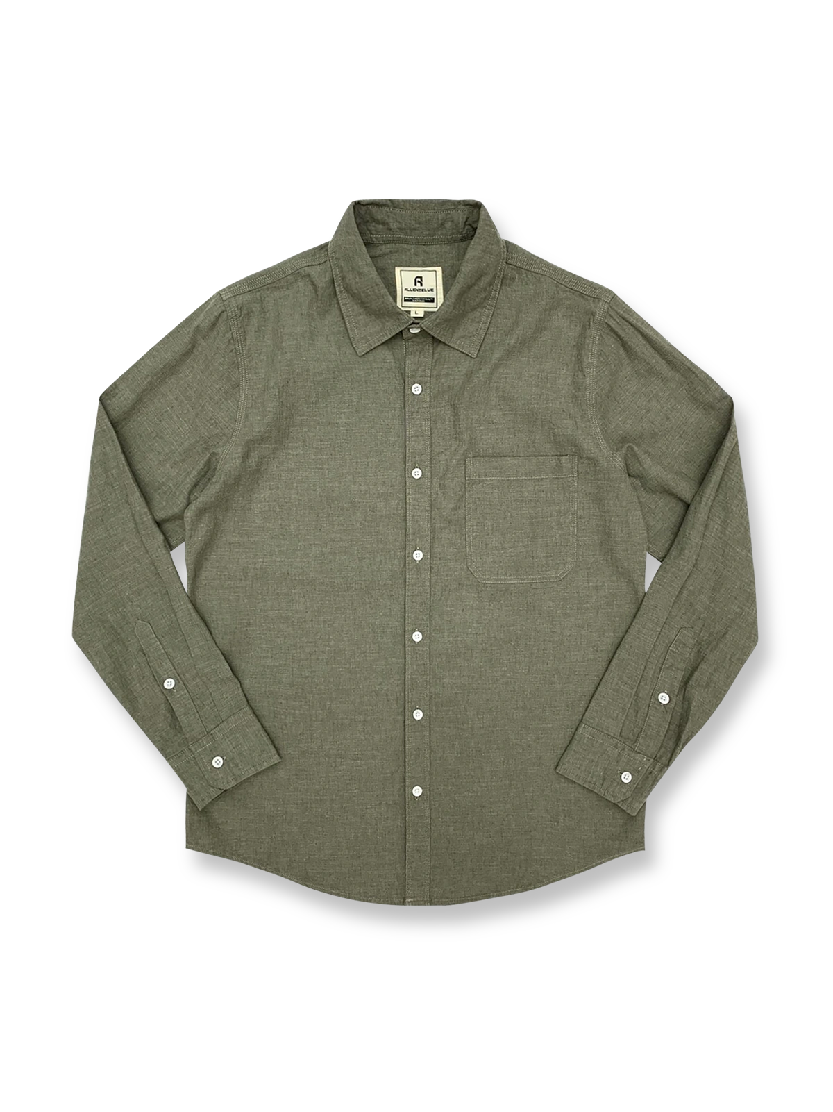 製品画像: クラシックなデザインとシンプルなシルエットが特徴のリネンコットン混紡メンズ長袖シャツの全体画像。