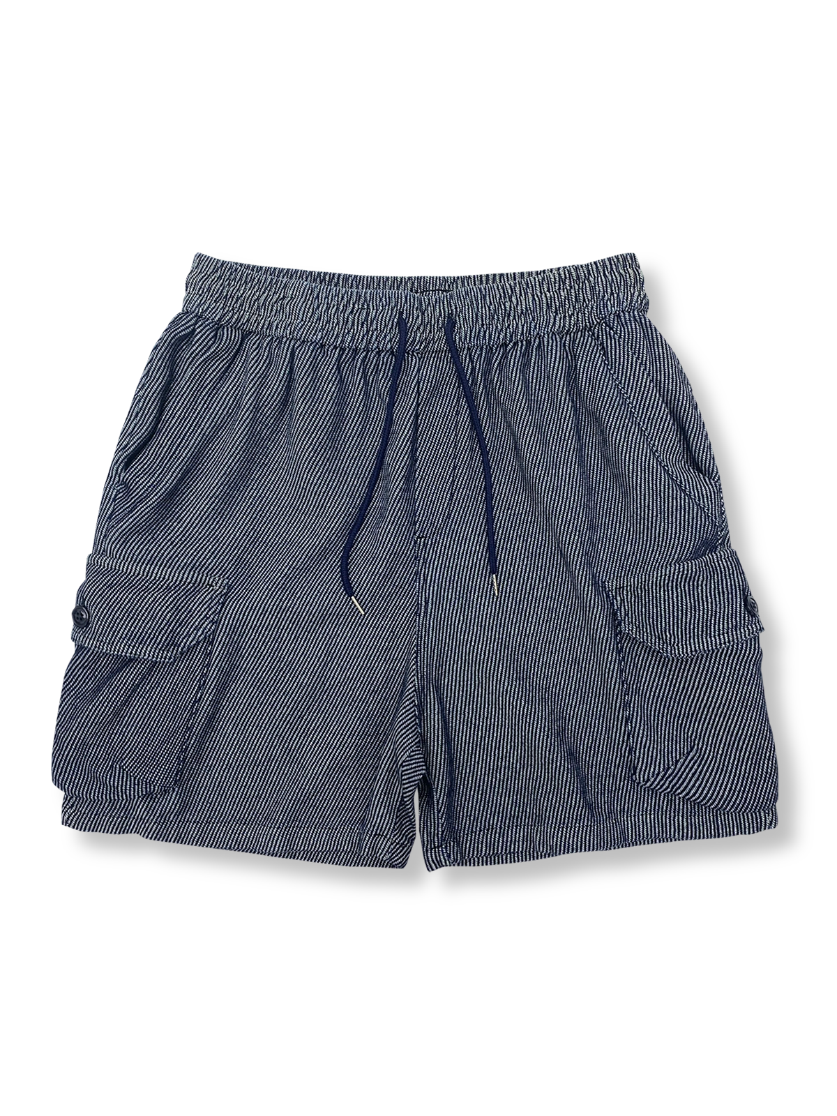 製品画像: 斜め織りデニムと立体ポケットが特徴の多ポケットワークショーツ全体像