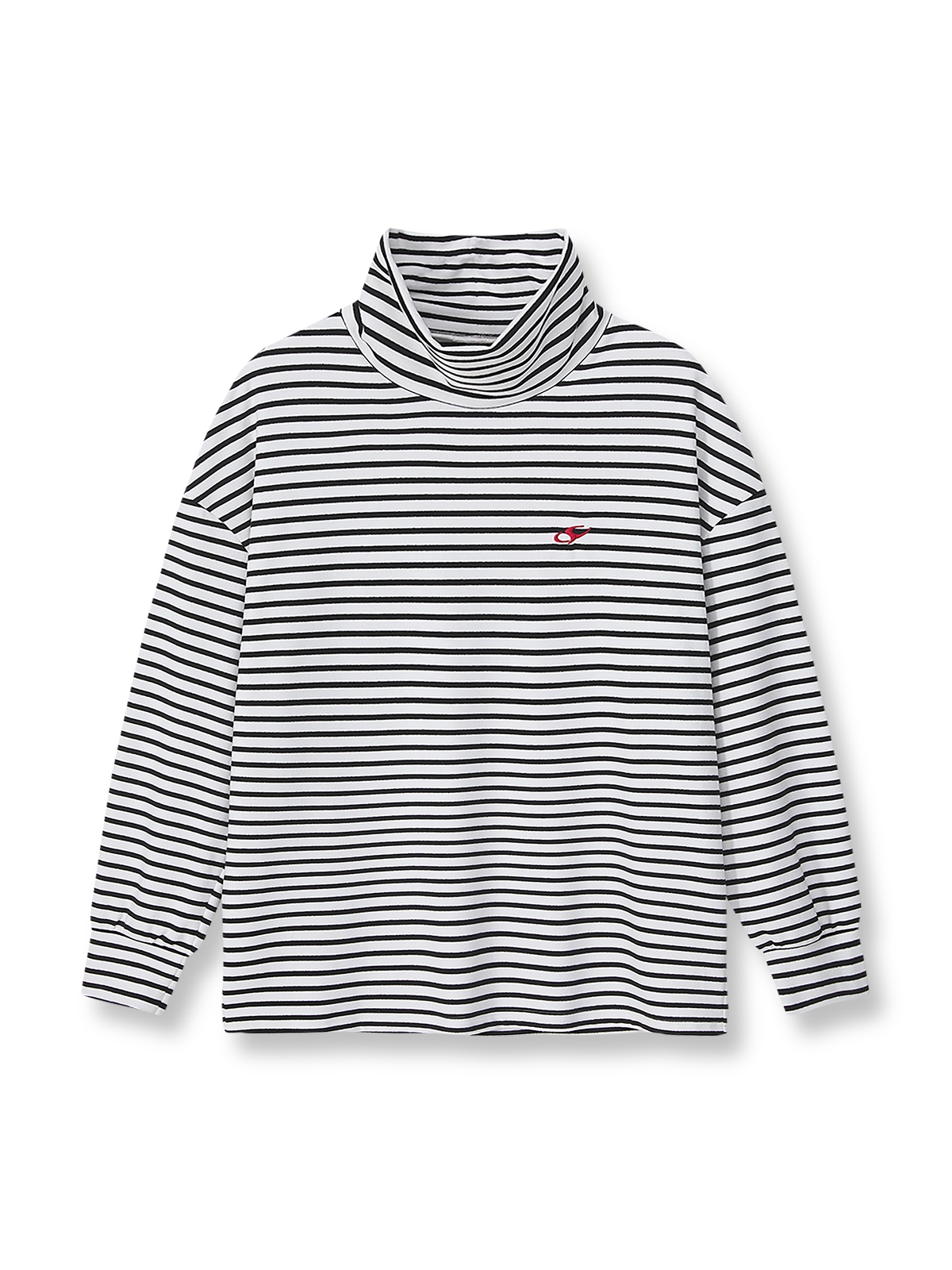 製品画像: 自発熱機能を持つデロン素材のストライプインナーの正面ビュー
詳細画像: モックネックデザインと刺繍ディテールの表示