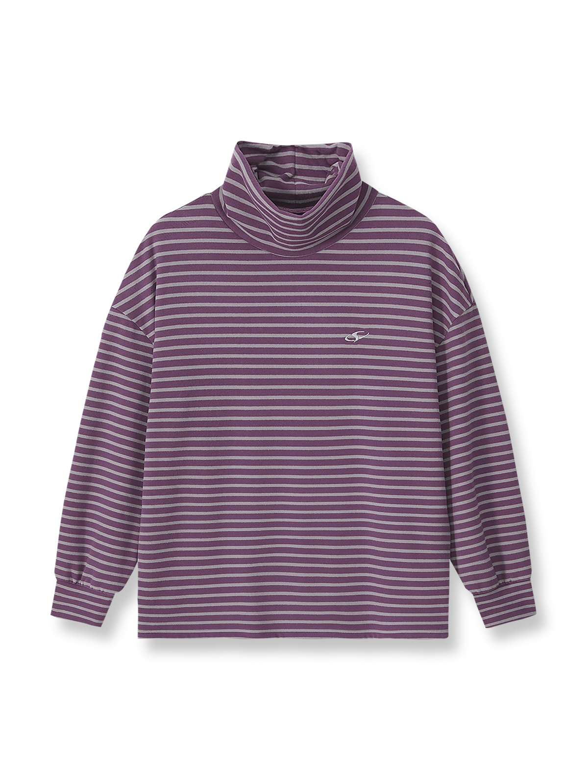 製品画像: 自発熱機能を持つデロン素材のストライプインナーの正面ビュー
詳細画像: モックネックデザインと刺繍ディテールの表示