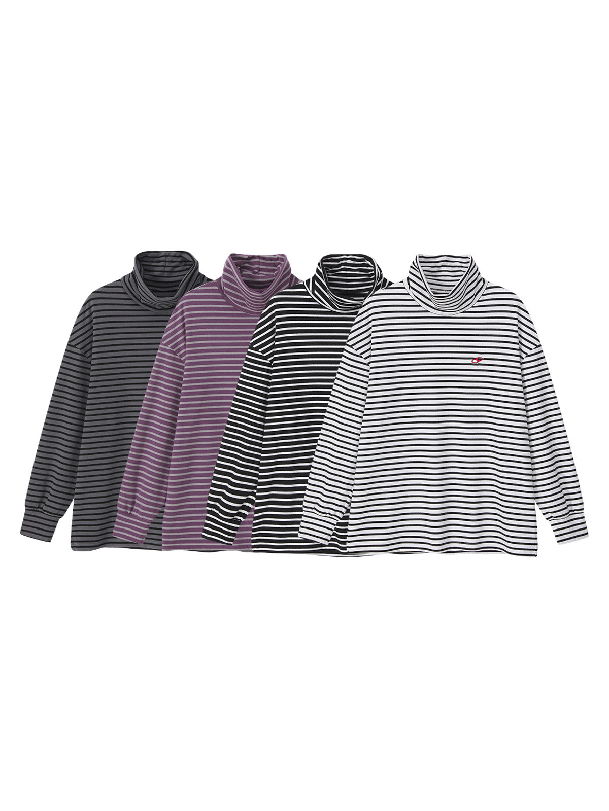 製品画像: 自発熱機能を持つデロン素材のストライプインナーの正面ビュー
詳細画像: モックネックデザインと刺繍ディテールの表示