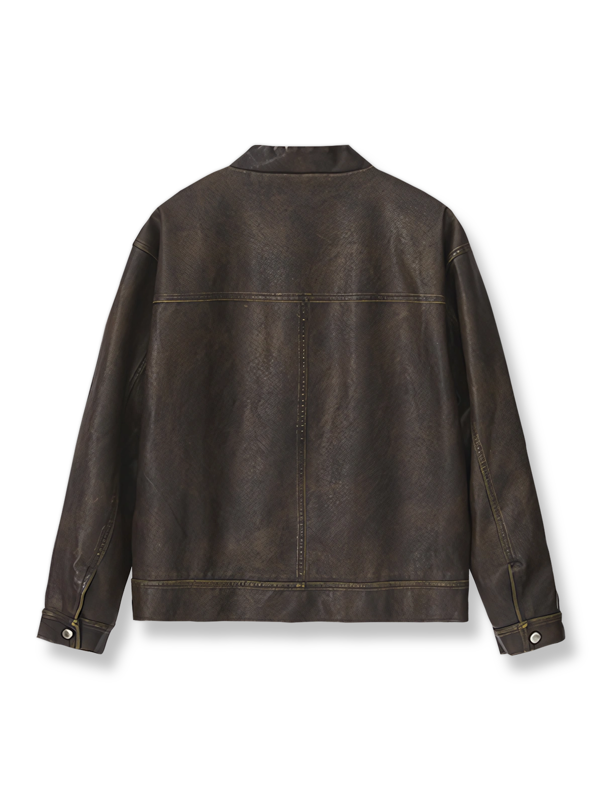 製品画像: ヴィンテージブラウンレザージャケットの正面展示
詳細画像: 手擦り加工による斑驳なウォッシュ質感のディテール展示