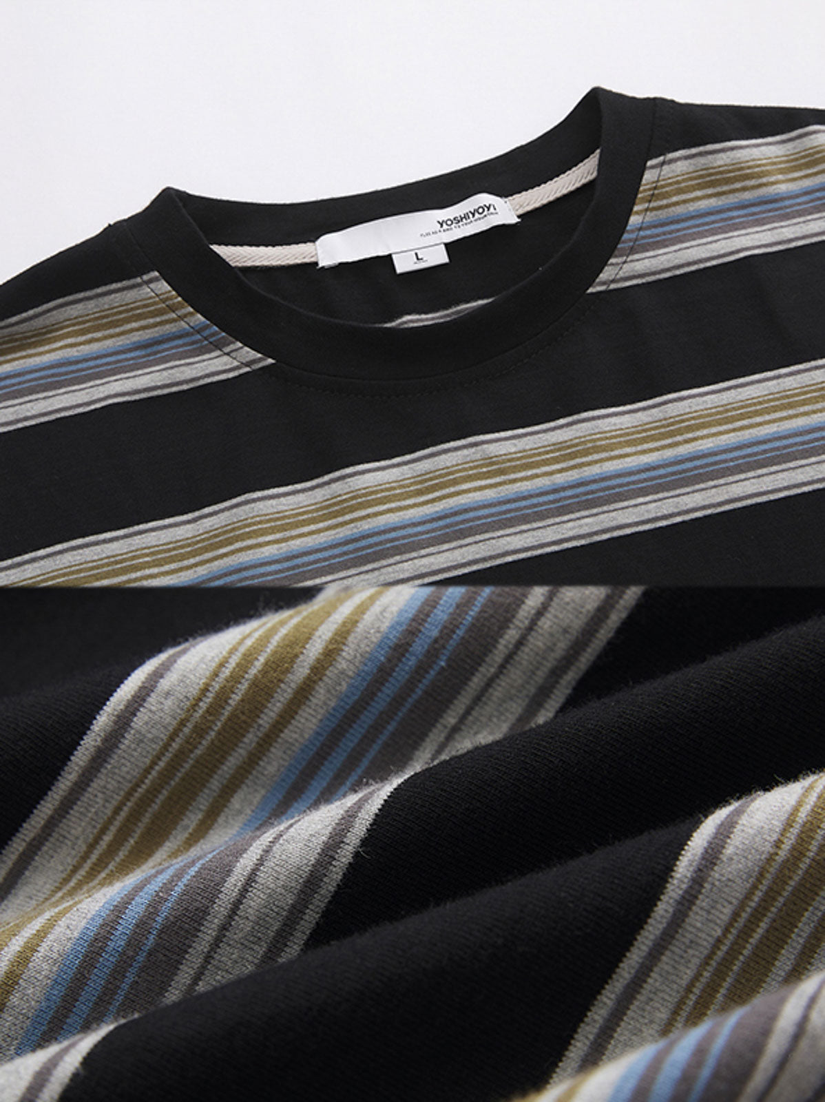 製品画像: ヴィンテージ配色ストライプ長袖Tシャツの正面展示
詳細画像: 袖口のブルーリブ配色のディテール展示