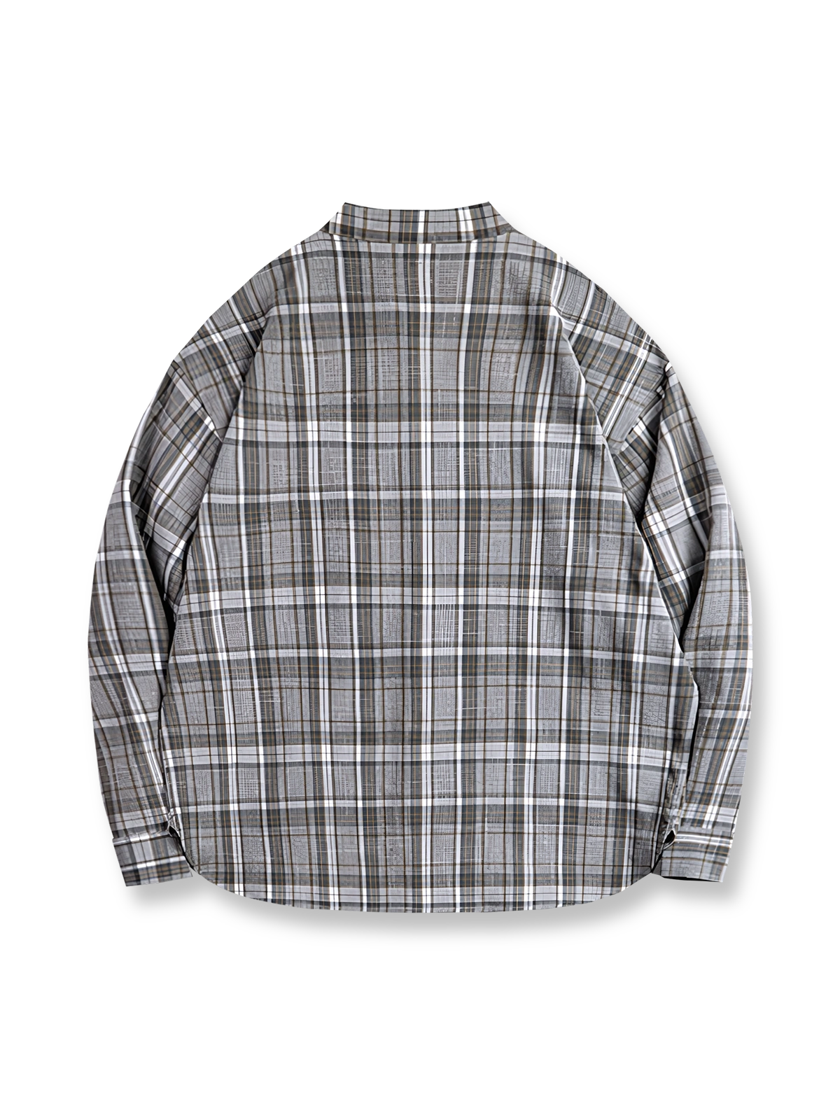 詳細画像: Gorpcoreスタイルのジッパーポケットとスラブテクスチャの生地ディテール表示
モデル画像: モデルが着用したワークウェア風アメリカンヴィンテージスタンドカラー格子シャツとデニムパンツのスタイリング