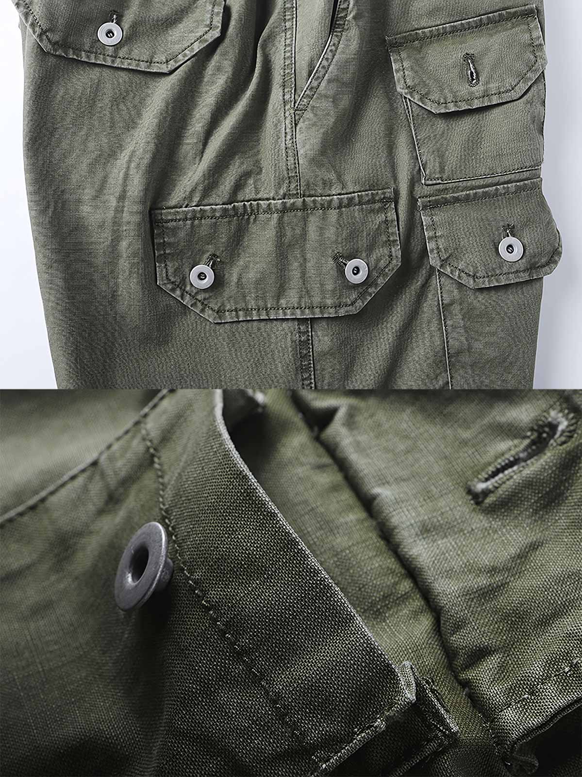 詳細画像: マルチポケットとウォッシュド加工を示すディテールクローズアップ画像