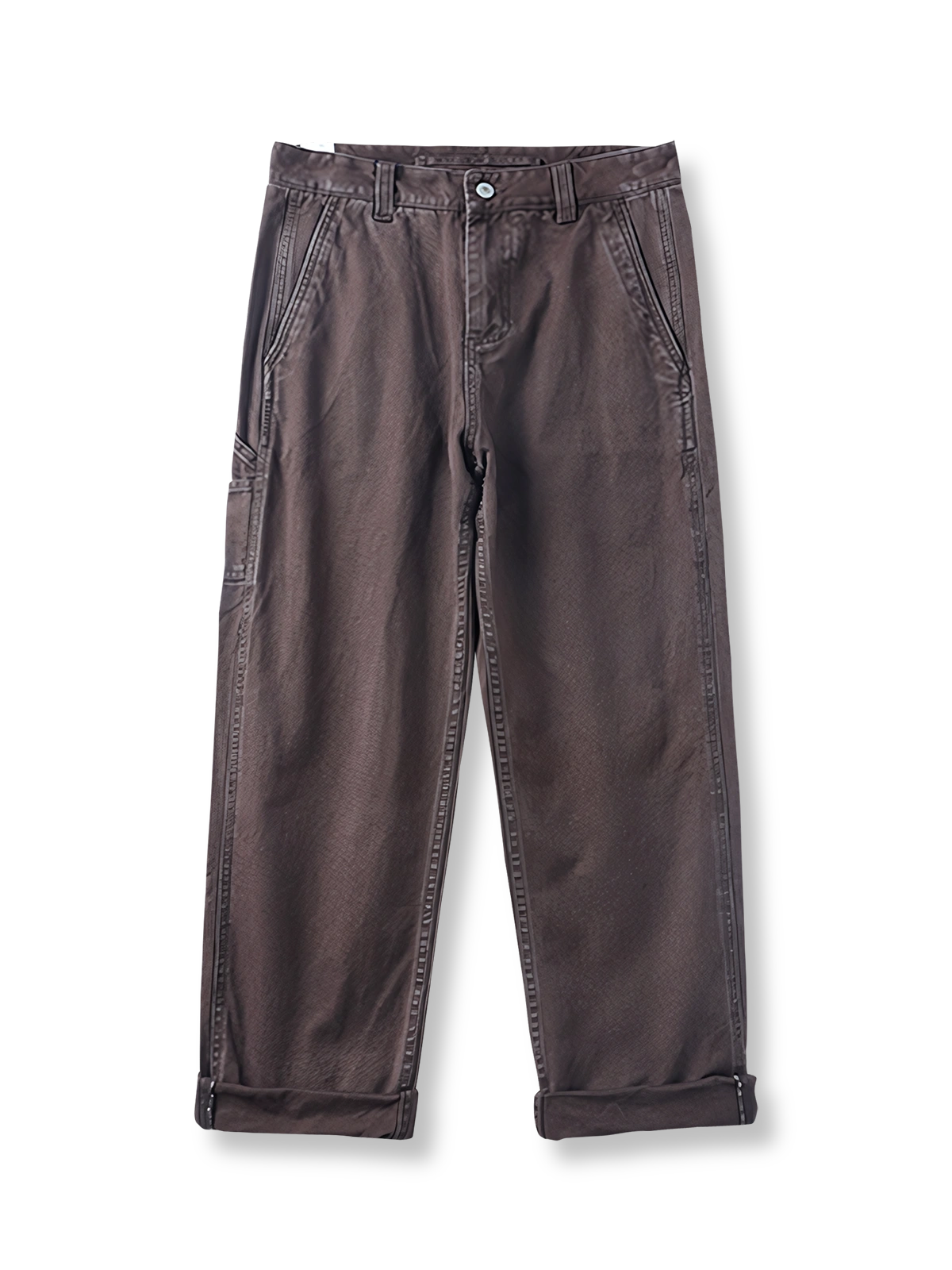 製品画像: ヴィンテージ風の多ポケットワークパンツ全体像
詳細画像: 6つのポケットと重ねポケットのディテール
