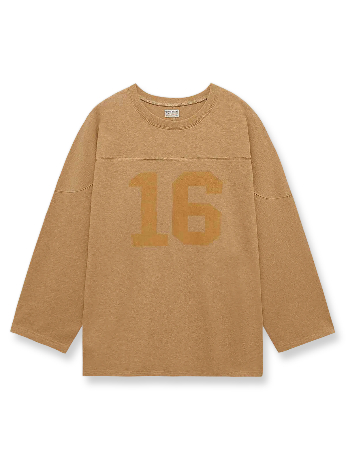 製品画像: ヴィンテージ感漂う杢調ラグビー長袖Tシャツの全体像を正面から撮影した画像
詳細画像: クラシックなひび割れ風ナンバープリントとドロップショルダーのディテールをクローズアップした画像