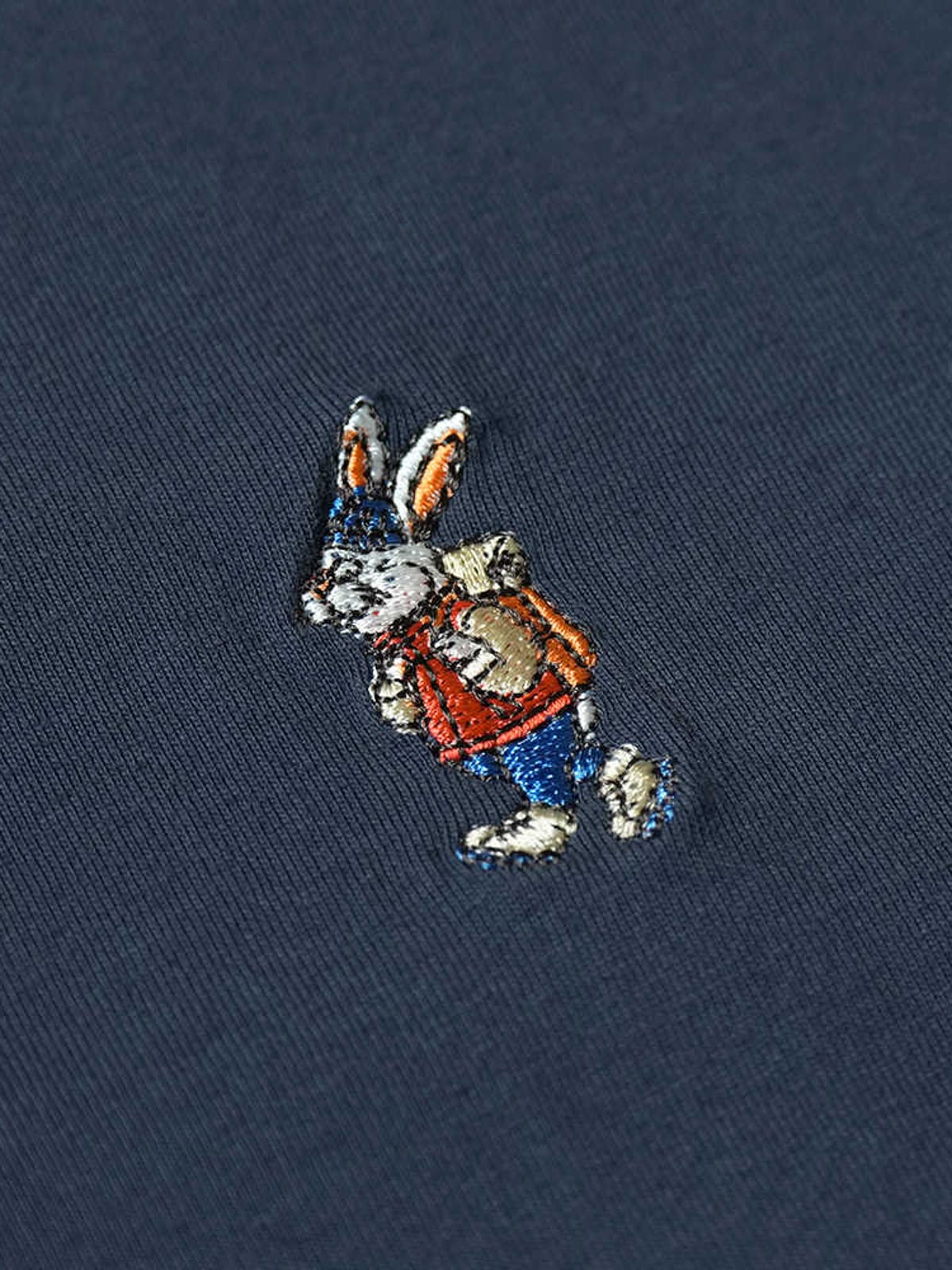 製品画像: ハイキングラビット刺繍クルーネック長袖Tシャツの全体像を正面から撮影した画像
詳細画像: 胸元のラビット刺繍ディテールをクローズアップした画像