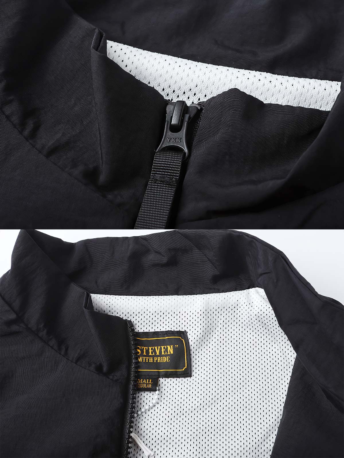 製品画像: レトロなカラーブロックデザインとリラックスフィットシルエットが特徴のスポーツジャケット全体画像
詳細画像: YKK双方向ジッパーと通気性の良いメッシュ裏地のディテール展示