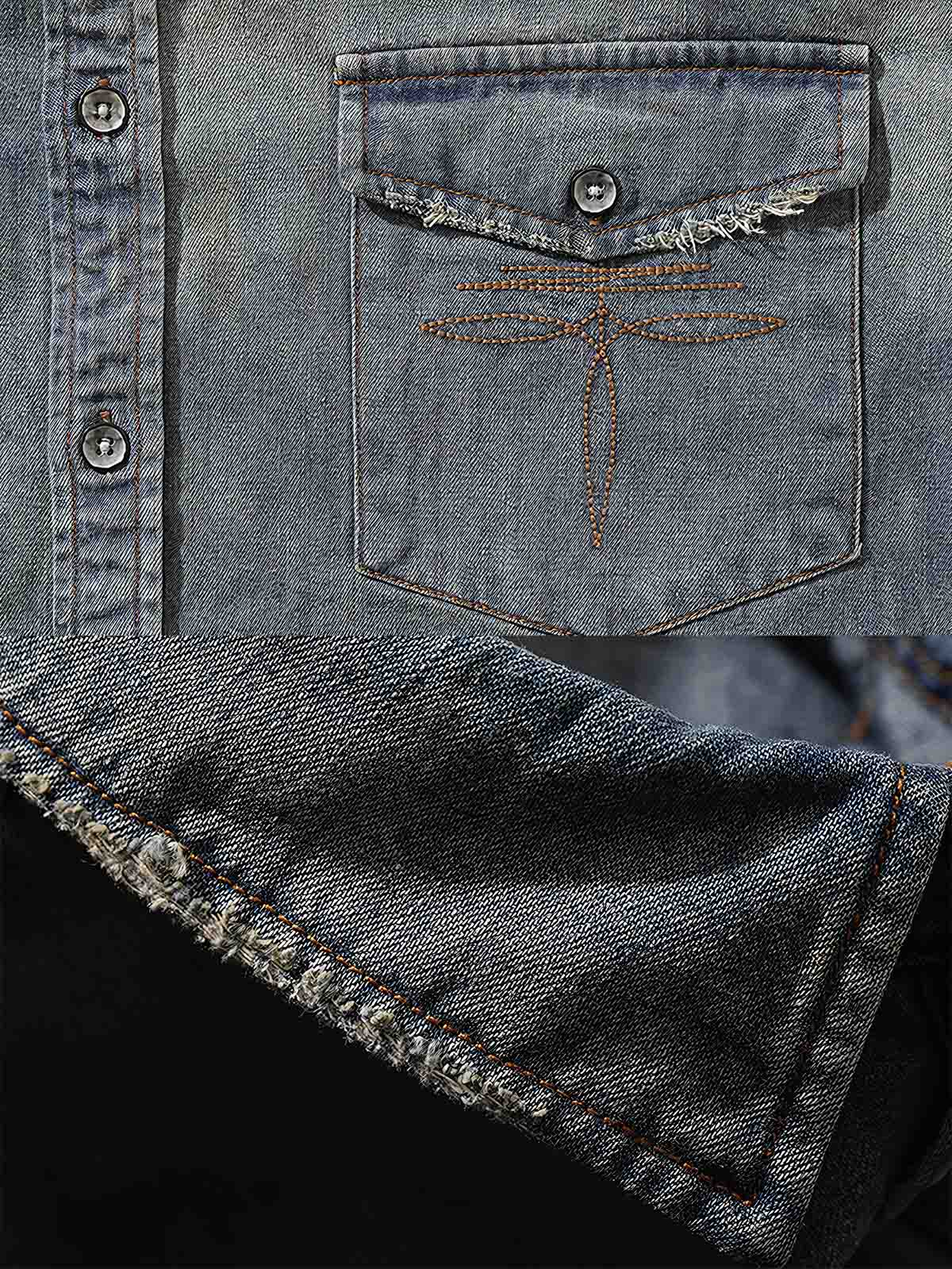 製品画像: ヴィンテージ加工されたデニム長袖シャツの正面図。9.8オンス高密度デニム、クラシックなウエスタンスタイルが特徴。
詳細画像: シャツの肩部とカスタムメイドの錆びたメタルボタンのディテール。ヴィンテージ感を強調するチェーンステッチが施されたサイドシーム。