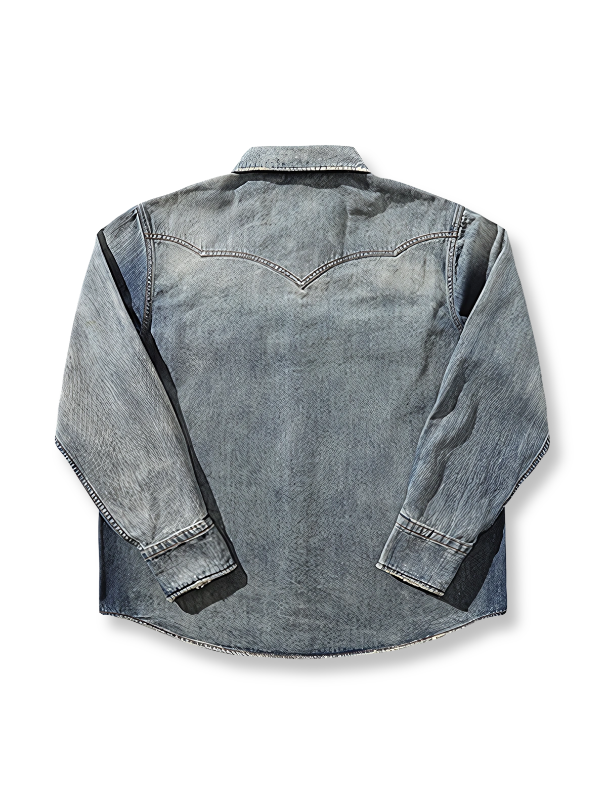 製品画像: ヴィンテージ加工されたデニム長袖シャツの正面図。9.8オンス高密度デニム、クラシックなウエスタンスタイルが特徴。
詳細画像: シャツの肩部とカスタムメイドの錆びたメタルボタンのディテール。ヴィンテージ感を強調するチェーンステッチが施されたサイドシーム。