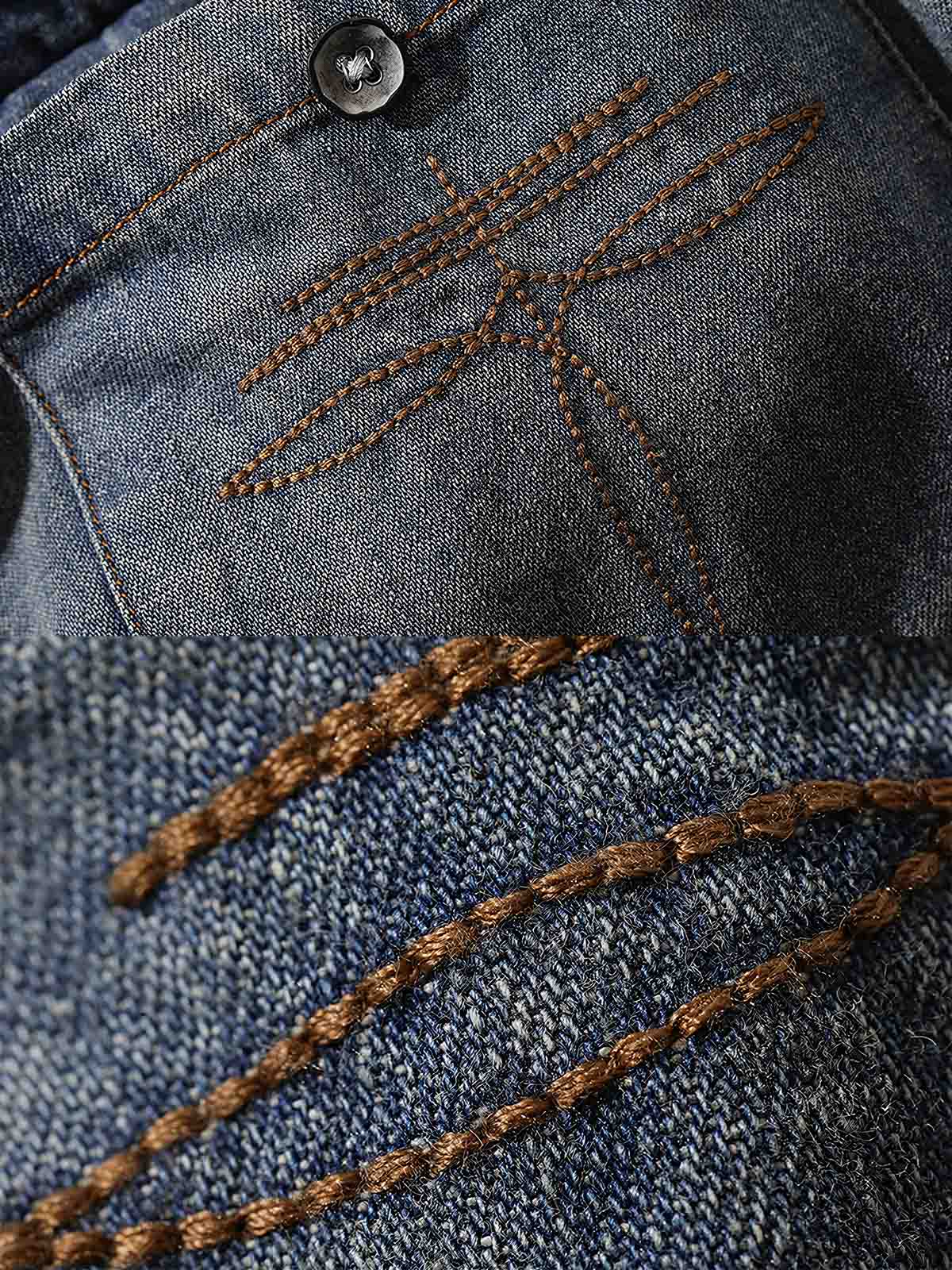 製品画像: ヴィンテージ加工されたデニム長袖シャツの正面図。9.8オンス高密度デニム、クラシックなウエスタンスタイルが特徴。
詳細画像: シャツの肩部とカスタムメイドの錆びたメタルボタンのディテール。ヴィンテージ感を強調するチェーンステッチが施されたサイドシーム。