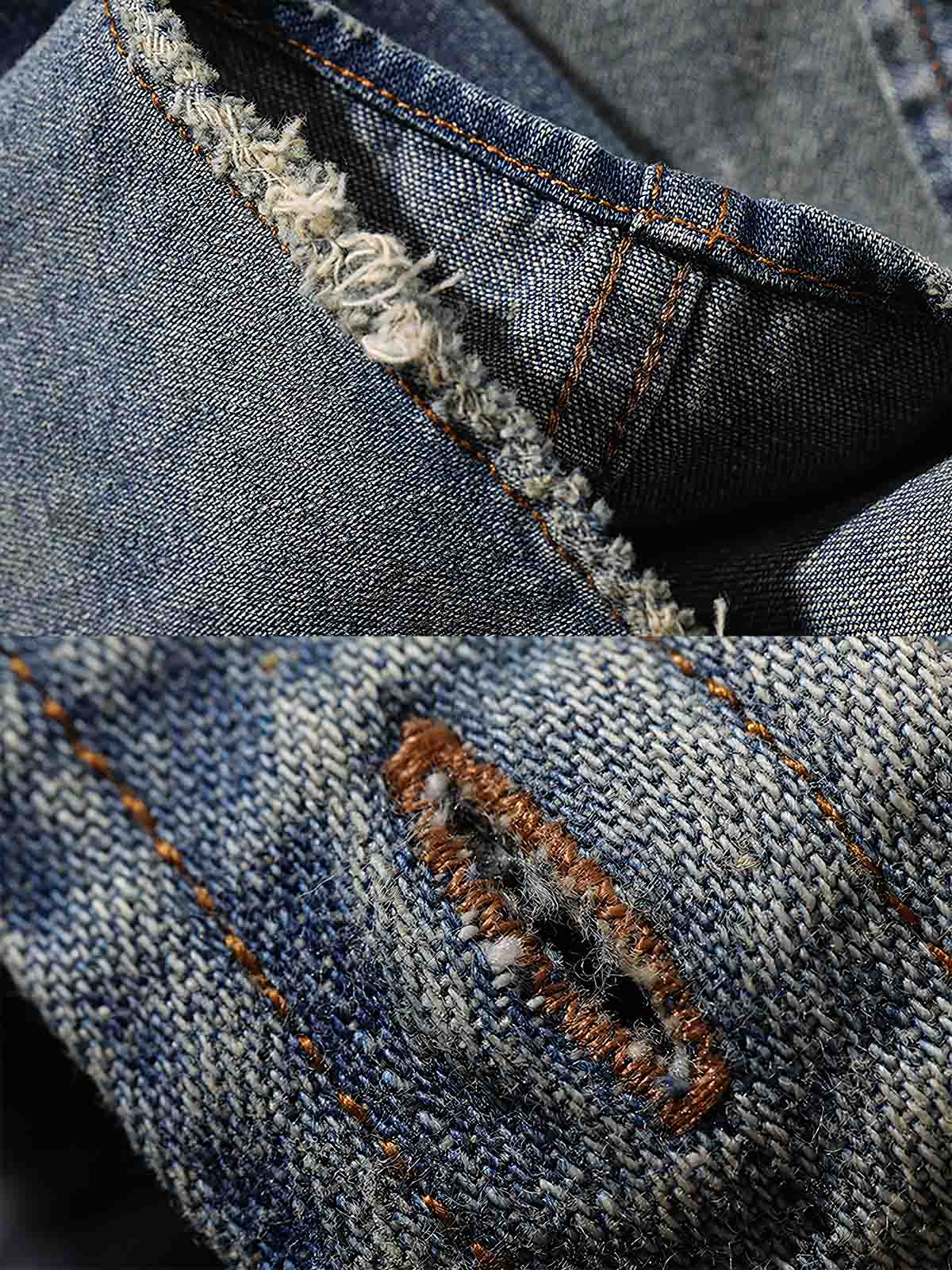 製品画像: ヴィンテージ加工されたデニム長袖シャツの正面図。9.8オンス高密度デニム、クラシックなウエスタンスタイルが特徴。
詳細画像: シャツの肩部とカスタムメイドの錆びたメタルボタンのディテール。ヴィンテージ感を強調するチェーンステッチが施されたサイドシーム。