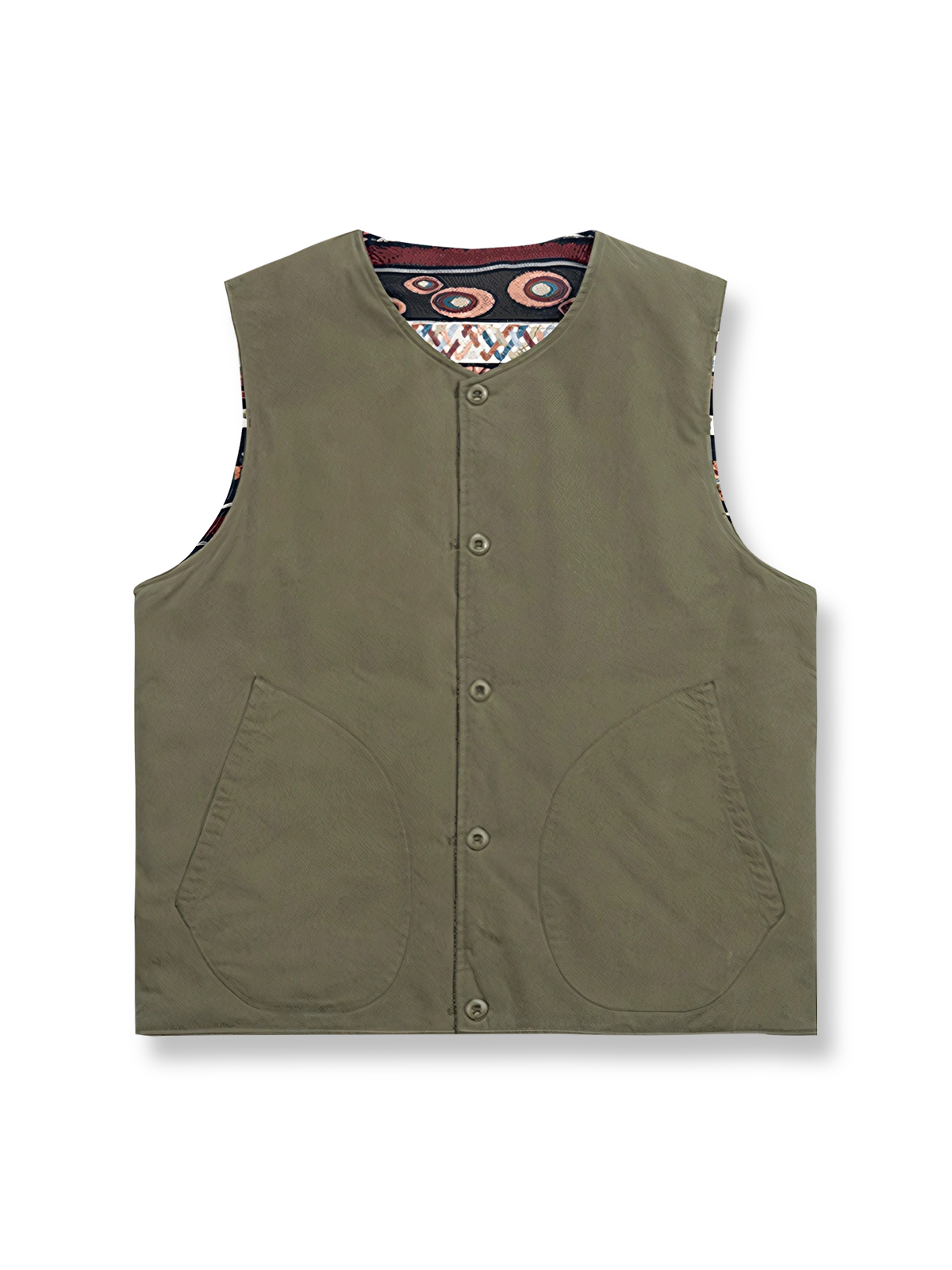 製品画像: THERMLLITEテクノロジーコットン使用のリバーシブルヴィンテージジャカードベストの正面図。高密度パールキャンバスとリブジャカードの両面デザインが特徴。
詳細画像: ヴィンテージジャカード内側とクラシックなフラワーボタンのディテールクローズアップ。THERMLLITE中綿で保温性を強化。