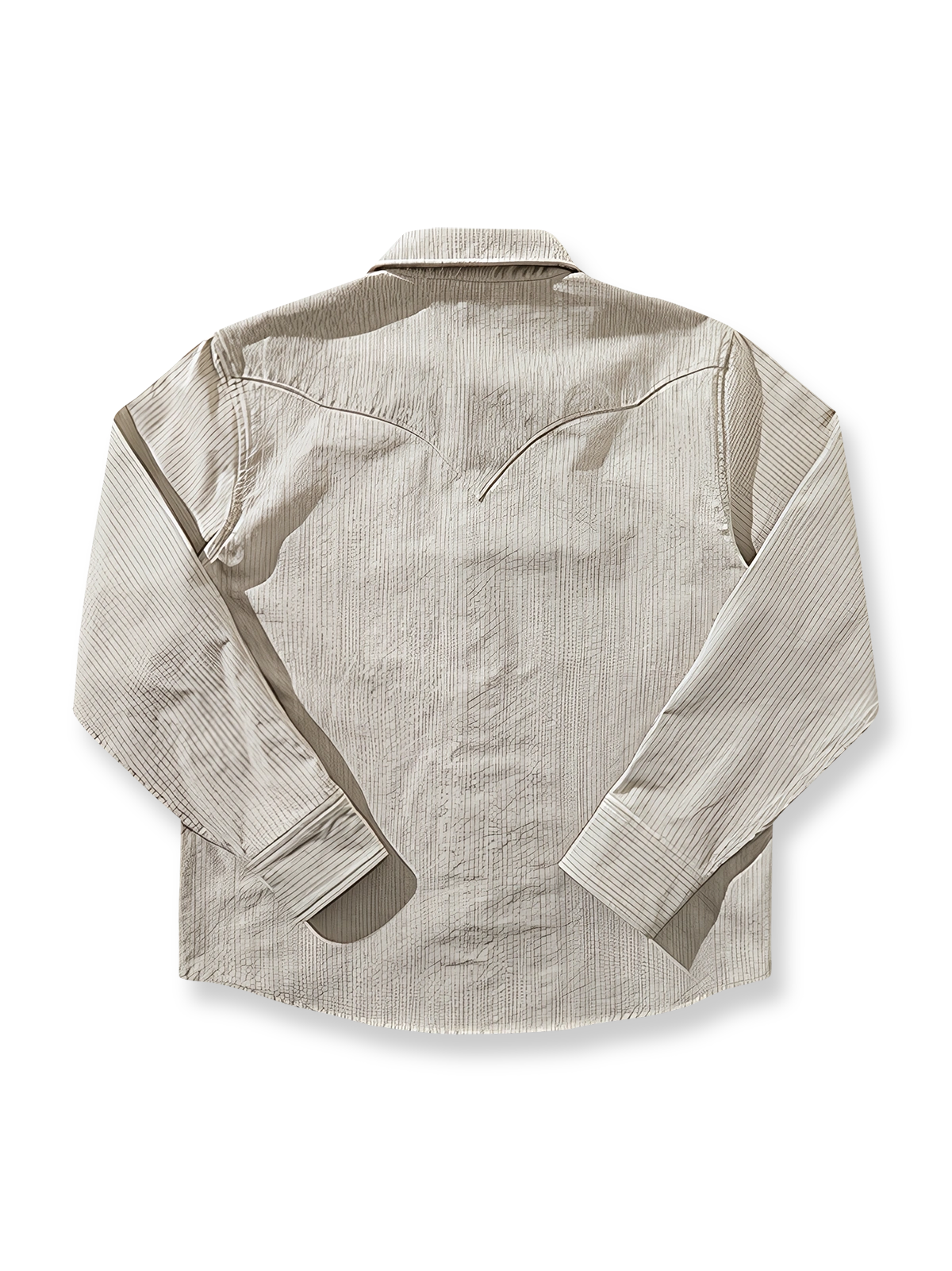 製品画像: アイボリー色のスナップボタン付きストライプシャツの正面図。ヴィンテージウエスタンデザインが特徴。
詳細画像: シャツの肩部ディテールとトライアングルレザー補強部分のクローズアップ。ダブルステッチと色織り生地が耐久性とスタイルを強調。