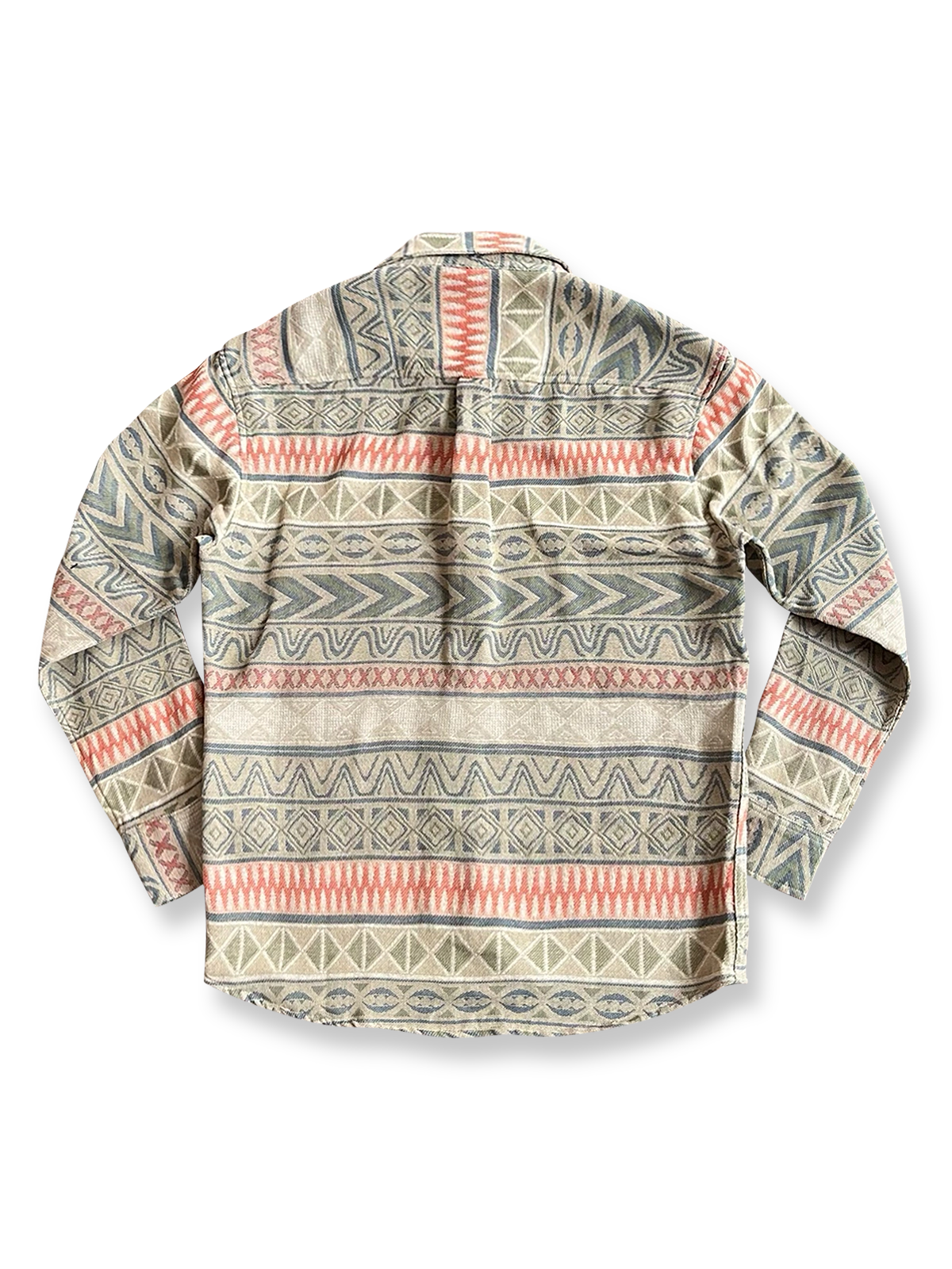 製品画像：民族風ジャカードコットン長袖シャツの正面写真
詳細画像：ジャカード生地のディテールとシャツのテクスチャのクローズアップ