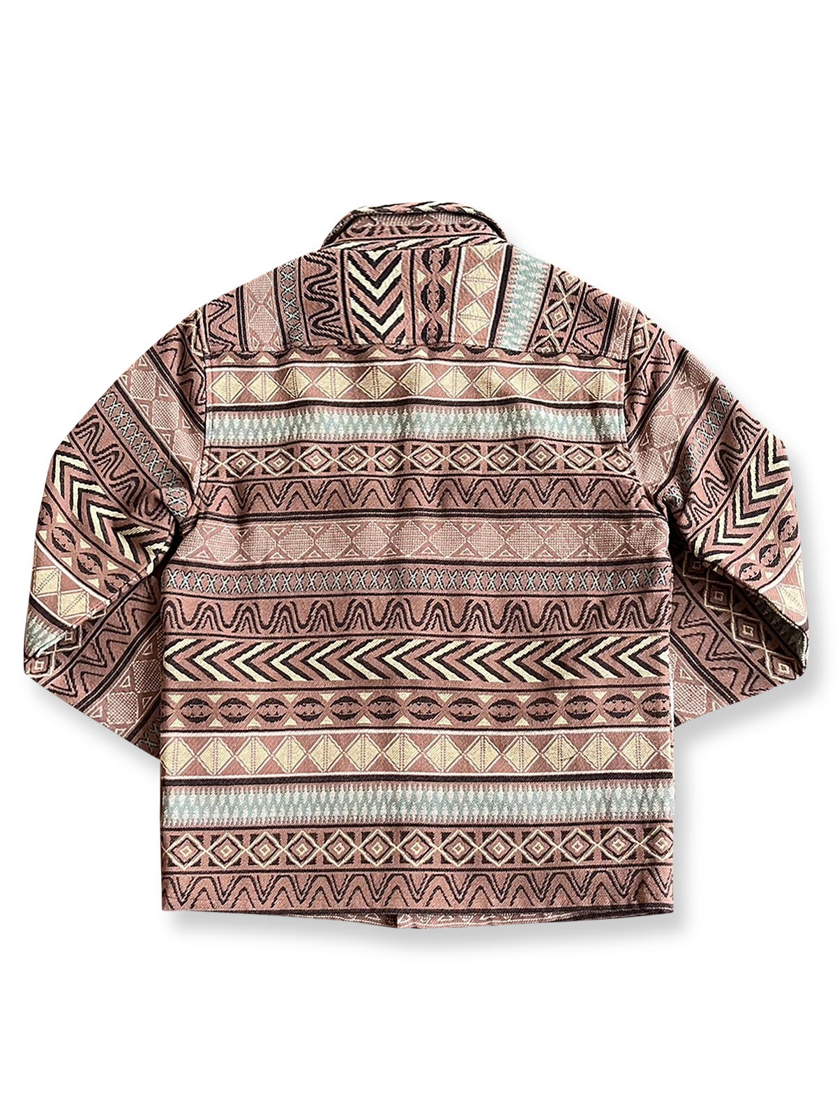 製品画像: ナバホ風色織りジャカードジャケットの正面画像。民族風のデザインが特徴的。
詳細画像: ジャカード柄とディテールの特写。鮮明な模様が際立つ画像。