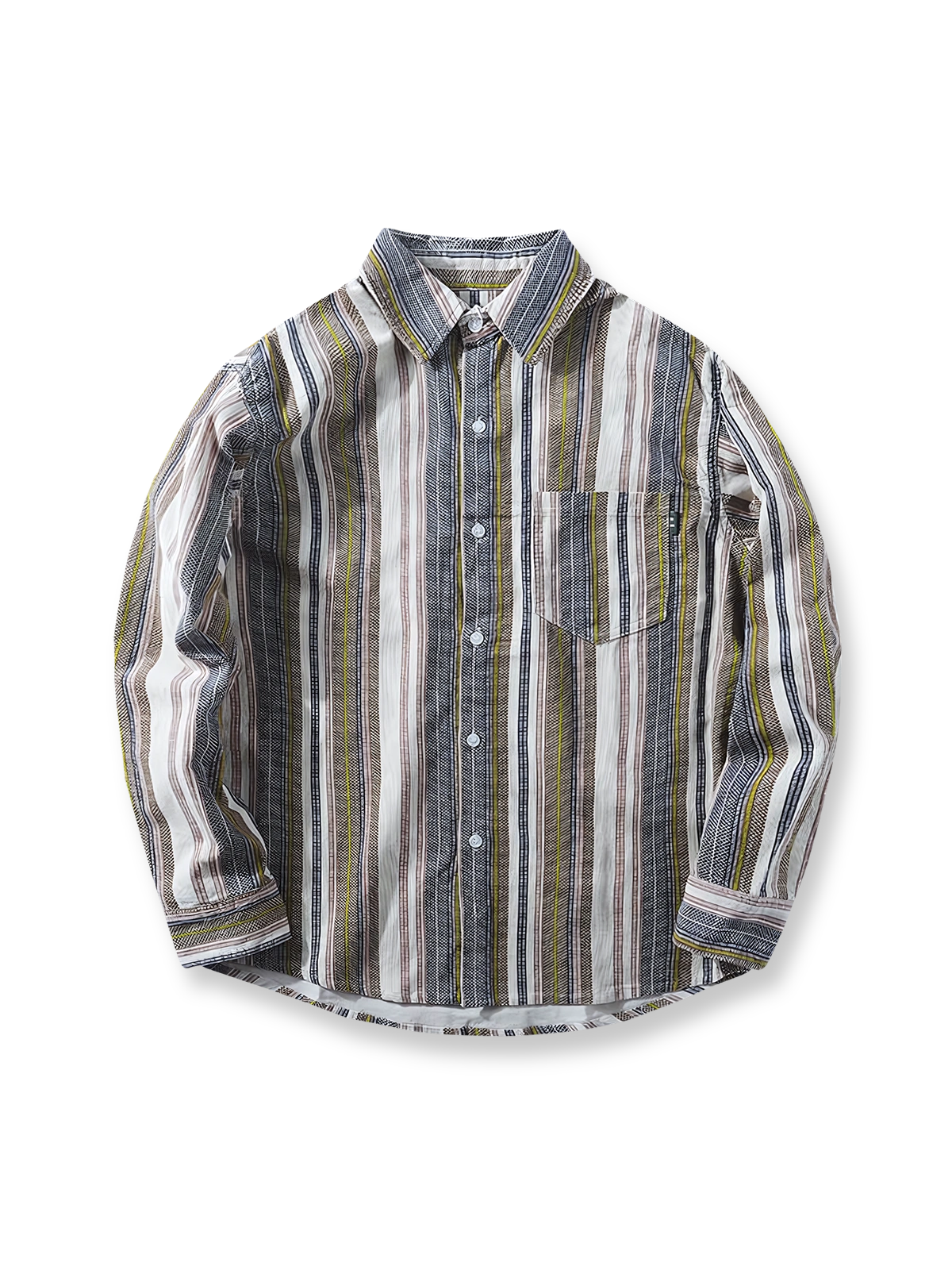 製品画像: レトロスタイルのコーデュロイストライプメンズ長袖シャツ全体画像。厚手で快適、クラシックデザインが特徴。
詳細画像: 左胸に配置されたコーデュロイパッチポケットのディテール。シャツのストライプと一致したこだわりのあるデザイン。