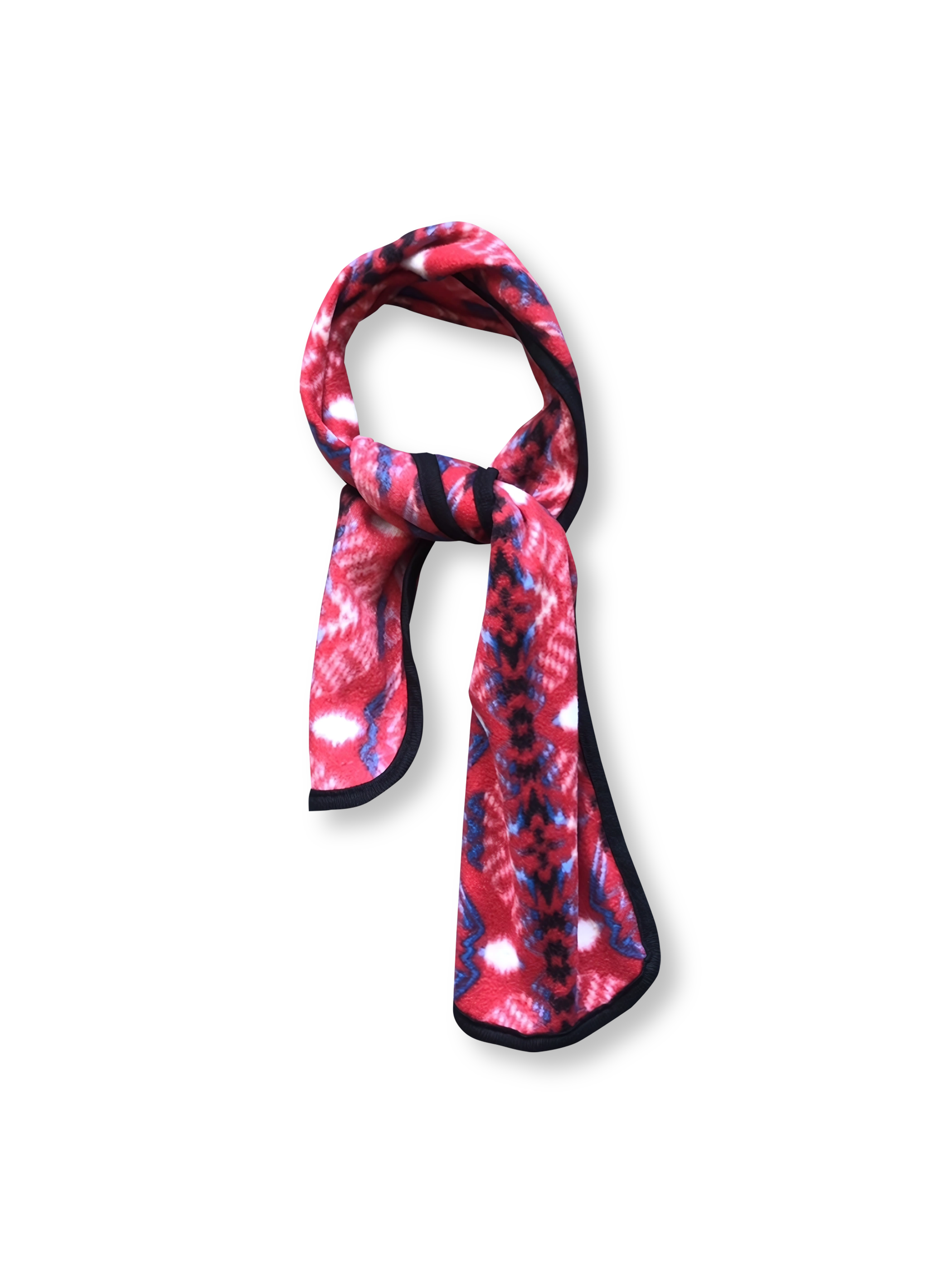 製品画像: ヴィンテージナバホ柄ジャカードフリーススカーフの正面画像。鮮やかな色使いが特徴的。
詳細画像: ジャカード柄とフリース素材のディテール特写。肌触りの良さと模様の細部が見える画像。