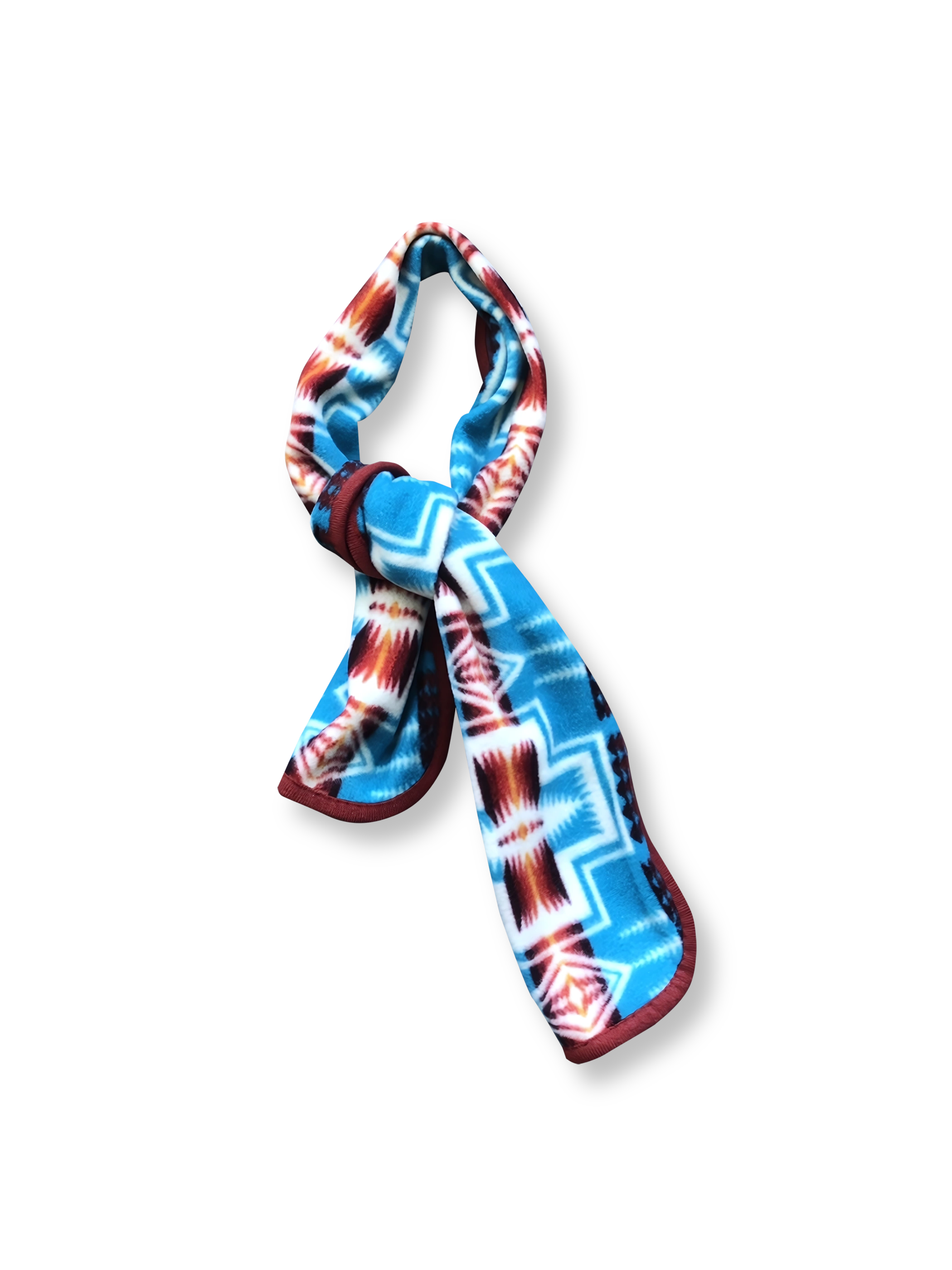 製品画像: ヴィンテージナバホ柄ジャカードフリーススカーフの正面画像。鮮やかな色使いが特徴的。
詳細画像: ジャカード柄とフリース素材のディテール特写。肌触りの良さと模様の細部が見える画像。