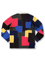 製品画像: ヴィンテージカラーブロックパッチワーク長袖ポロシャツの正面画像。鮮やかな色使いとヴィンテージ感が特徴的。
詳細画像: パッチワークとウォッシュ加工のディテール特写。異なる布を使用したカラーブロックデザインのディテール。