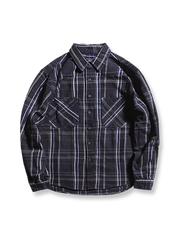 製品画像: ワークレトロチェック柄シャツの正面画像。厚手のコットン100%素材で作られた、ヴィンテージスタイルのクラシックシャツ。
詳細画像: ヴィンテージボタンと耐久性のあるチェック柄コットン生地のディテール特写。レトロなワークスタイルを演出。