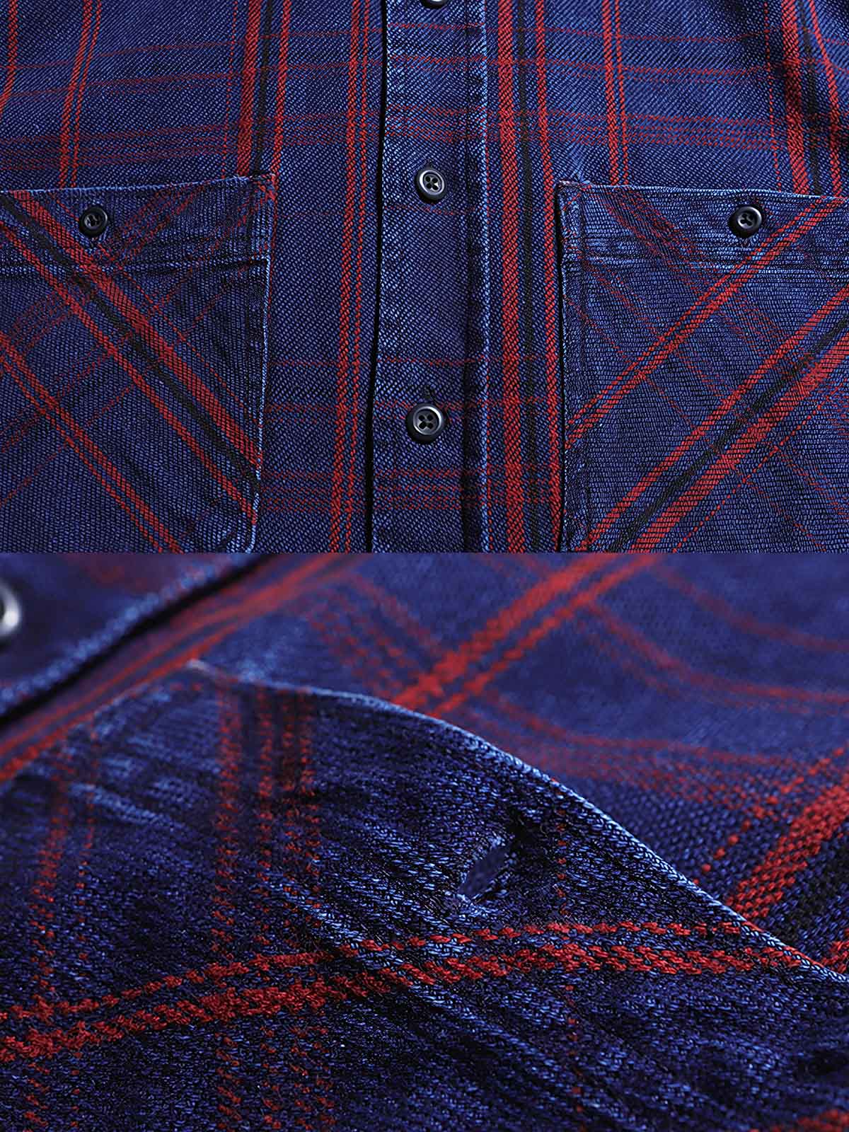 製品画像: ワークレトロチェック柄シャツの正面画像。厚手のコットン100%素材で作られた、ヴィンテージスタイルのクラシックシャツ。
詳細画像: ヴィンテージボタンと耐久性のあるチェック柄コットン生地のディテール特写。レトロなワークスタイルを演出。