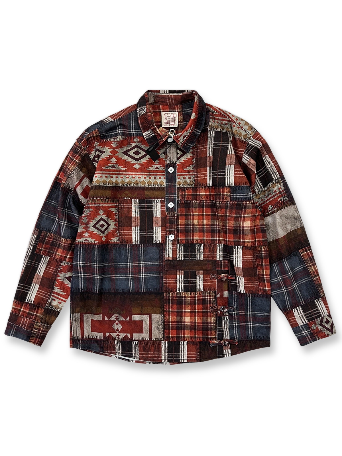 製品画像: ヴィンテージ風チェックパッチワークプリントコットン長袖シャツの正面