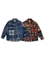 チェックパッチワークプリント コットン長袖シャツ