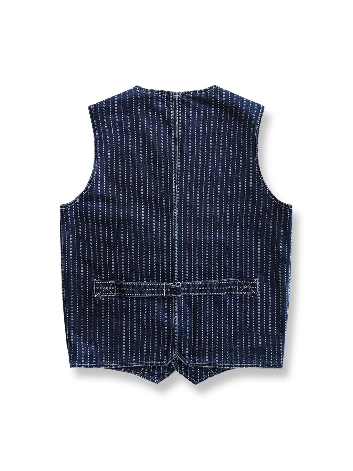 製品画像: ハート柄抜染レトロマチックマチエベスト正面ビュー、13.5OZ赤耳デニム素材の特徴的なデザイン、復古風の工装スタイル
詳細画像: ハート柄抜染デニムの生地質感とカスタム真鍮ボタン、レトロデザインのディテール、ヴィンテージ仕上げ