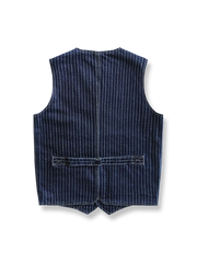 製品画像: ハート柄抜染レトロマチックマチエベスト正面ビュー、13.5OZ赤耳デニム素材の特徴的なデザイン、復古風の工装スタイル
詳細画像: ハート柄抜染デニムの生地質感とカスタム真鍮ボタン、レトロデザインのディテール、ヴィンテージ仕上げ