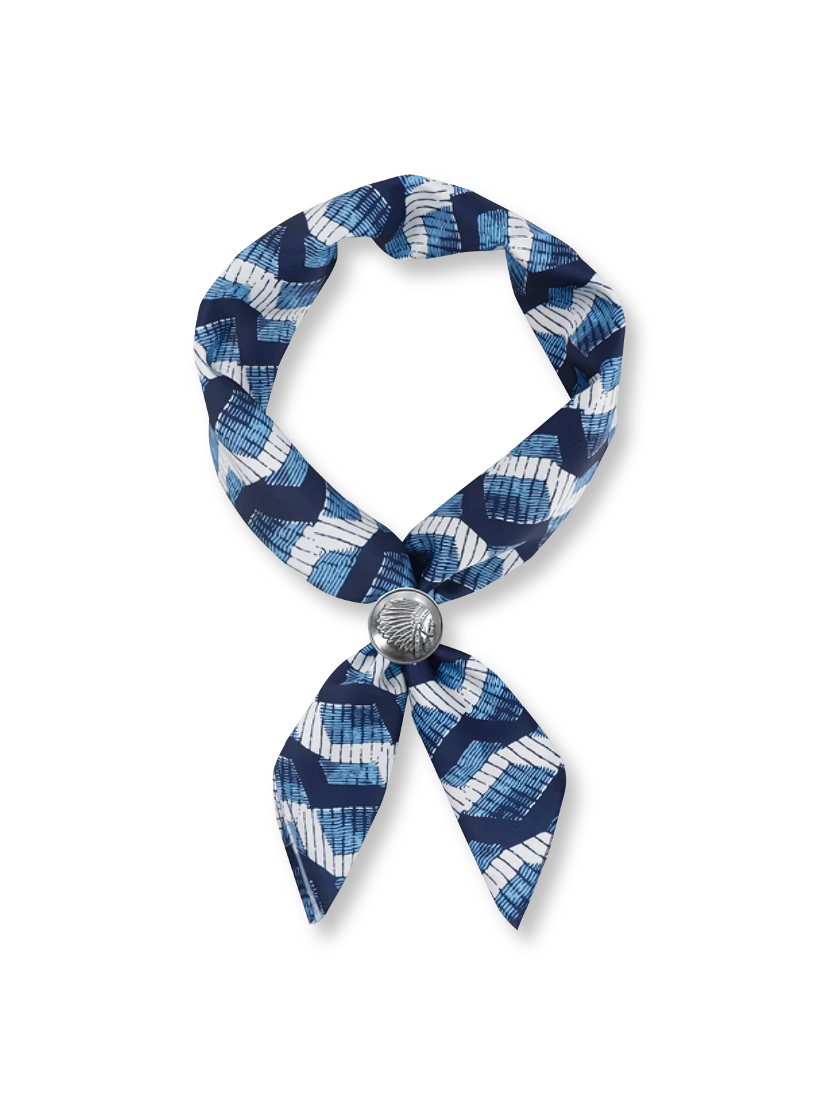 製品画像: ネイビーバンダナとインディアンコインの正面画像。高品質なポリエステル素材と精緻なデザインが一目でわかる。エレガントでありながら、デイリースタイルにも最適なアイテム。

詳細画像: インディアンコインの装飾部分のクローズアップ。民族風デザインと詳細な仕上げが際立ち、ヴィンテージ感とユニークなスタイルを強調。
