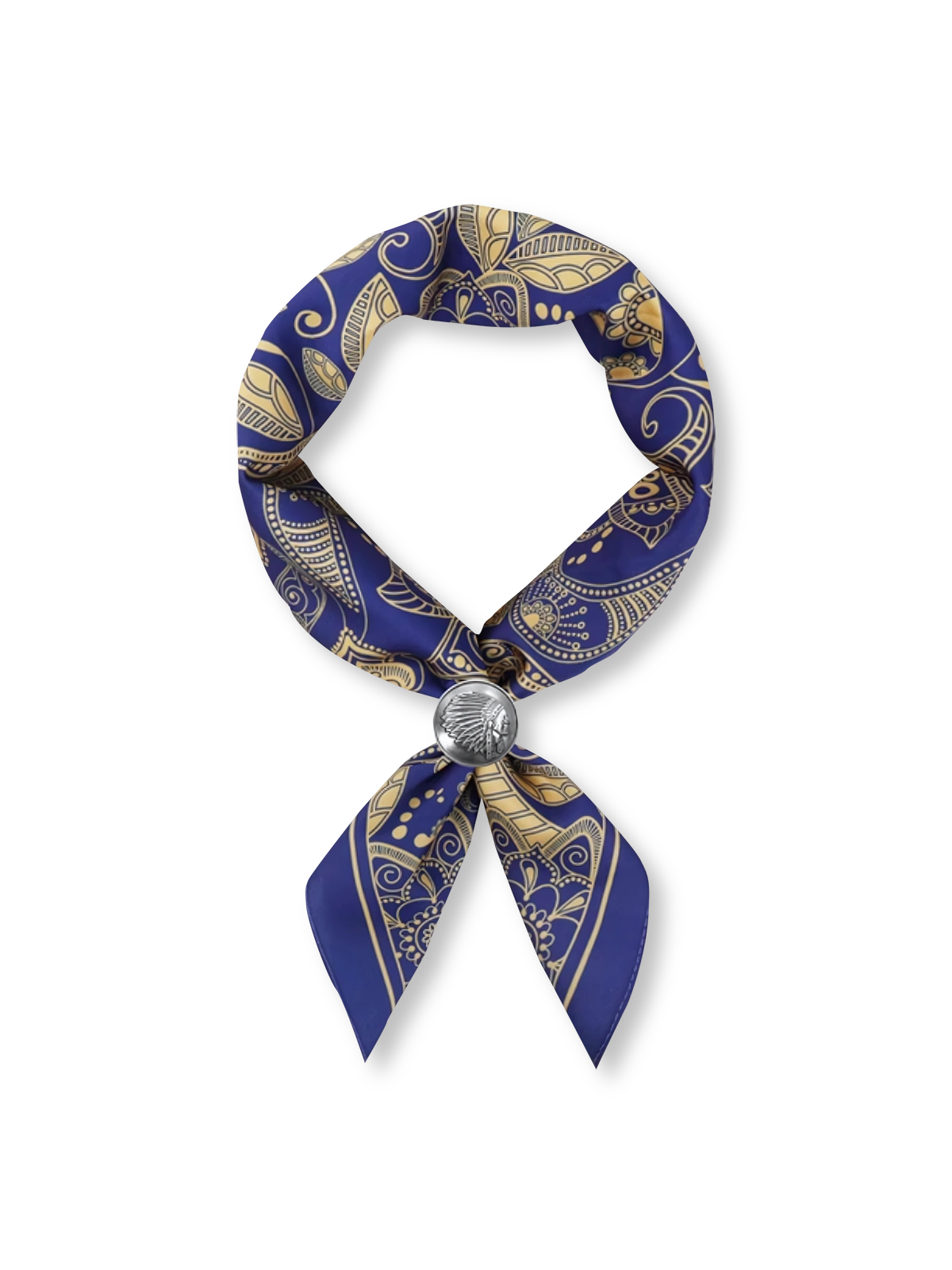 製品画像: ネイビーバンダナとインディアンコインの正面画像。高品質なポリエステル素材と精緻なデザインが一目でわかる。エレガントでありながら、デイリースタイルにも最適なアイテム。

詳細画像: インディアンコインの装飾部分のクローズアップ。民族風デザインと詳細な仕上げが際立ち、ヴィンテージ感とユニークなスタイルを強調。
