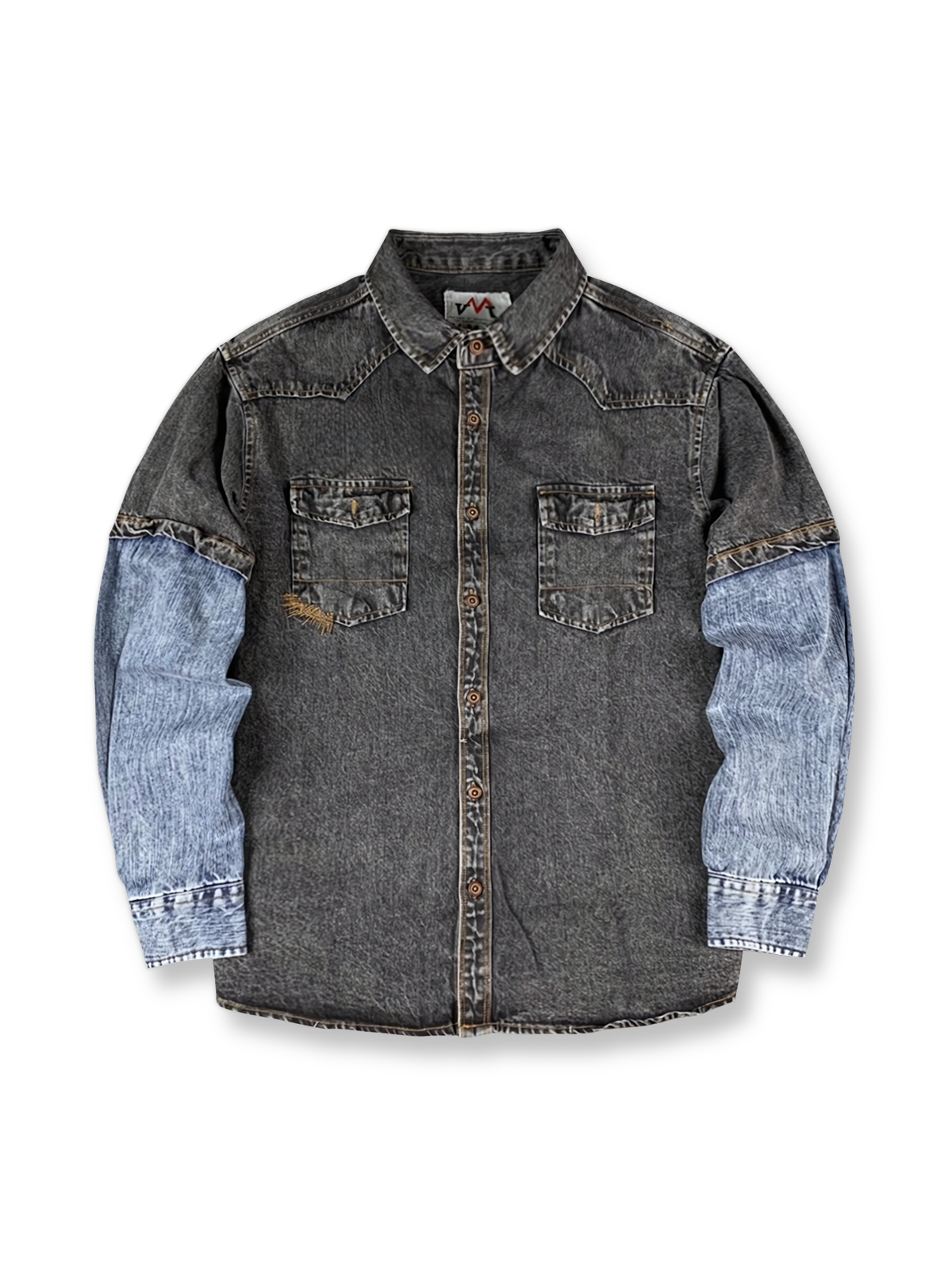 フェイクレイヤードデニム切り替えワークシャツ