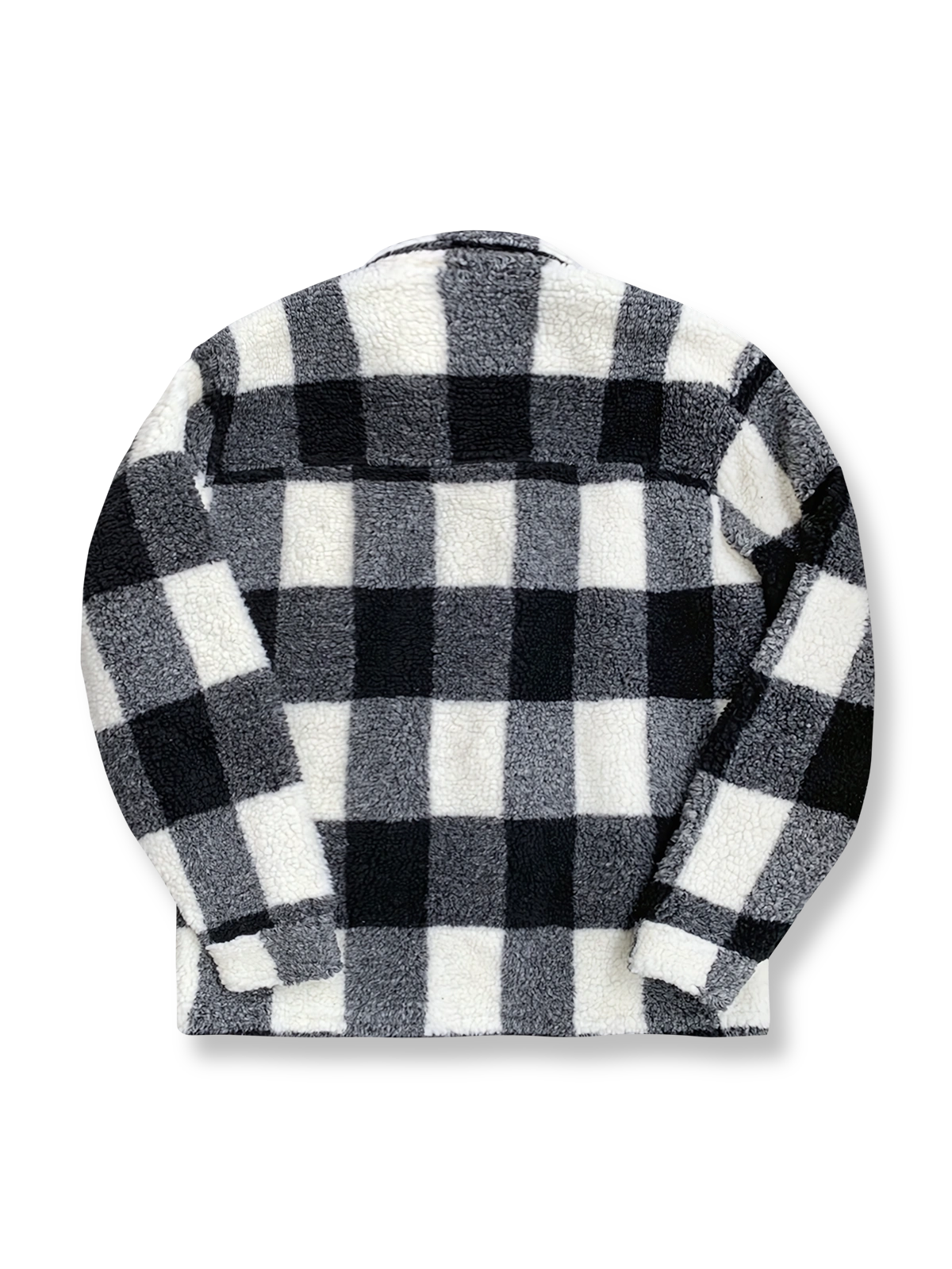 製品画像: ブラック&ホワイトチェック柄フェイクウールジャケットの全体像
詳細画像: 袖口ボタンとキルティングライナーのディテール
