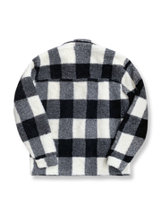 製品画像: ブラック&ホワイトチェック柄フェイクウールジャケットの全体像
詳細画像: 袖口ボタンとキルティングライナーのディテール