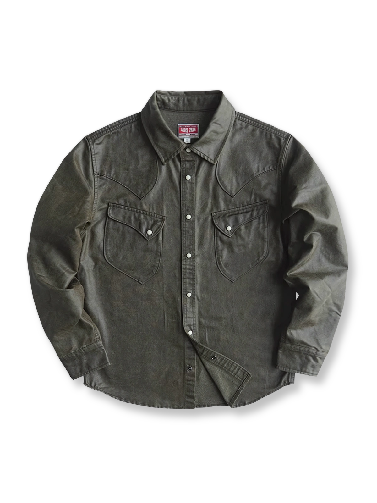 製品画像: フェイクレザー ウエスタン風 長袖シャツ
詳細画像: ウエスタン風チェーンステッチとウォッシュ加工のディテール