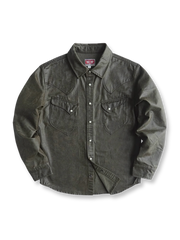 製品画像: フェイクレザー ウエスタン風 長袖シャツ
詳細画像: ウエスタン風チェーンステッチとウォッシュ加工のディテール