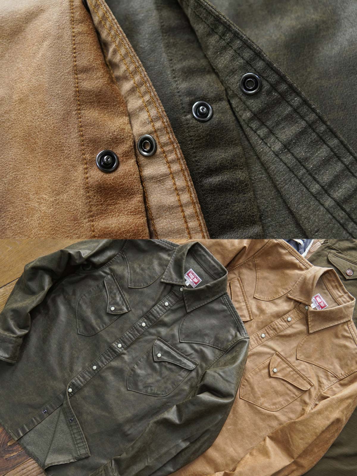 製品画像: フェイクレザー ウエスタン風 長袖シャツ
詳細画像: ウエスタン風チェーンステッチとウォッシュ加工のディテール