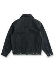 製品画像: ヘビーウェイト硫化染めブラックデニムワークジャケット
詳細画像: 真鍮リベットとカスタムレザーパッチのディテール