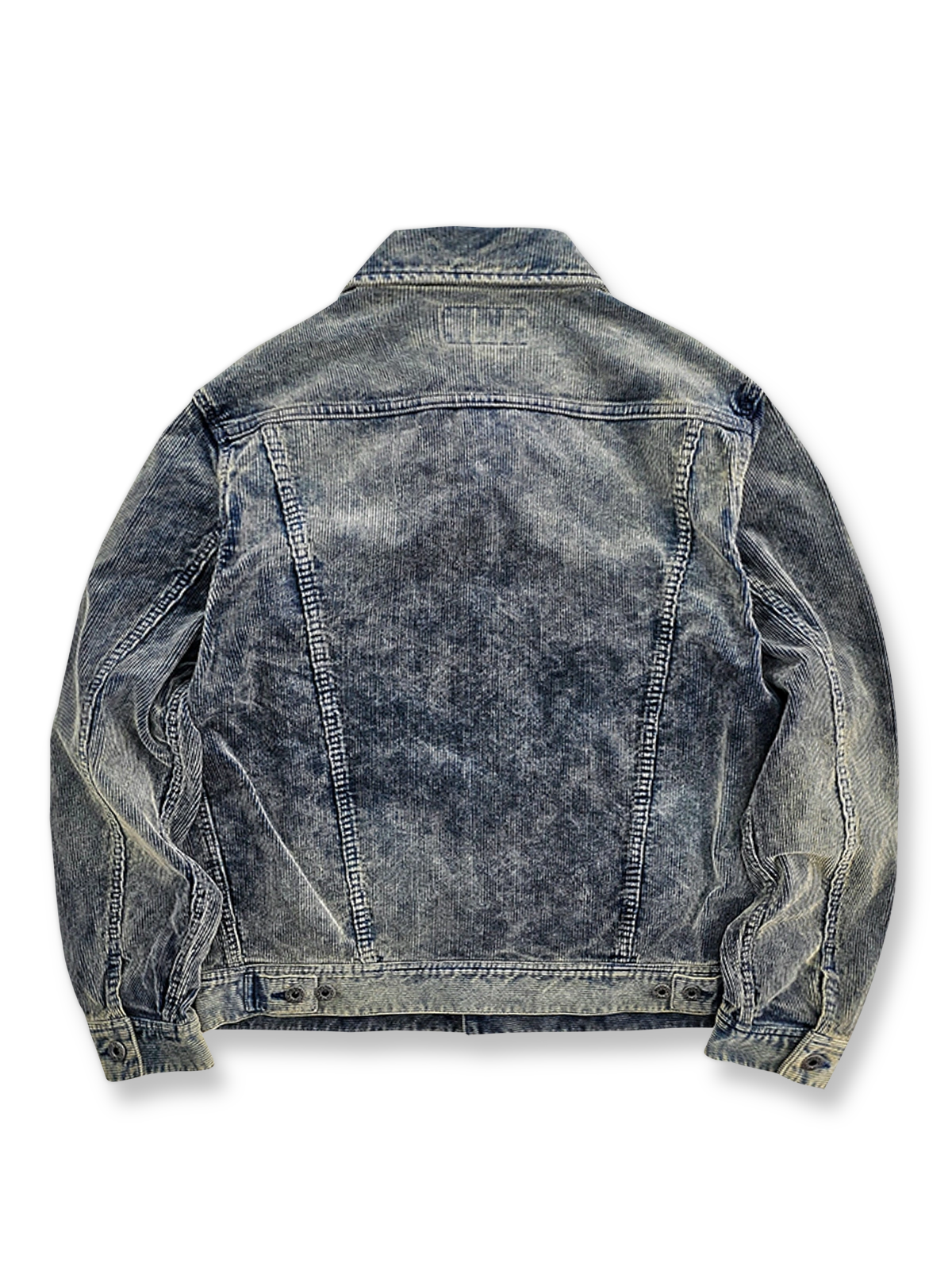 製品画像: 抜染加工ヴィンテージデニムジャケット、100%コットン、クラシックデザイン
詳細画像: 銅製ボタンとストレートヘムの抜染デニムジャケットのディテール特写